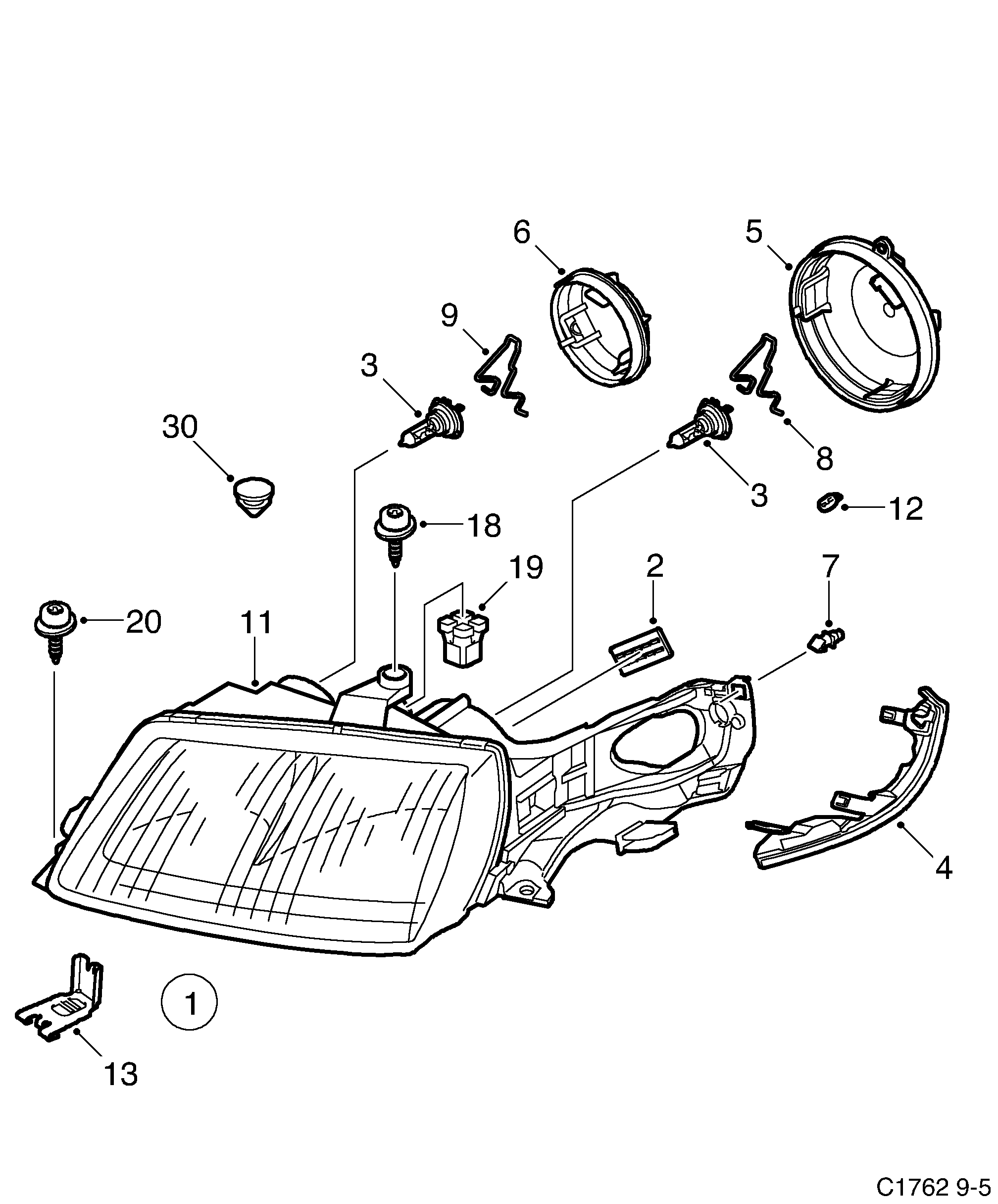 Saab 9-5 (9600) Headlamp diagram
