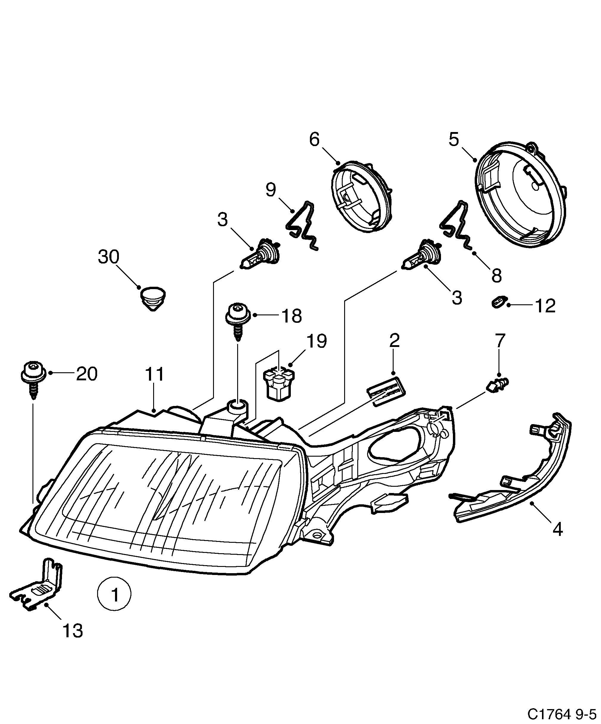 Saab 9-5 (9600) Headlamp diagram