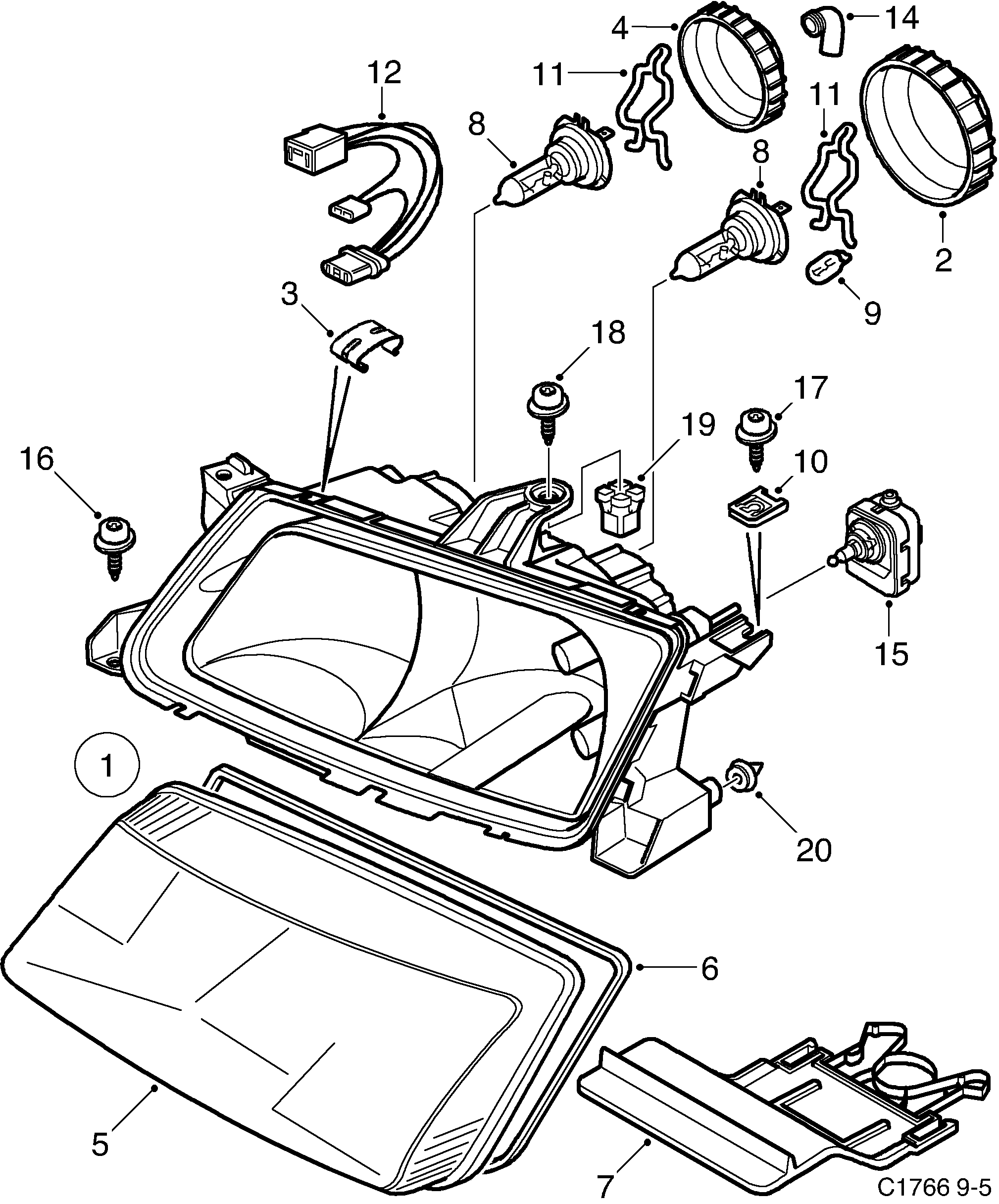 Saab 9-5 (9600) Headlamp diagram