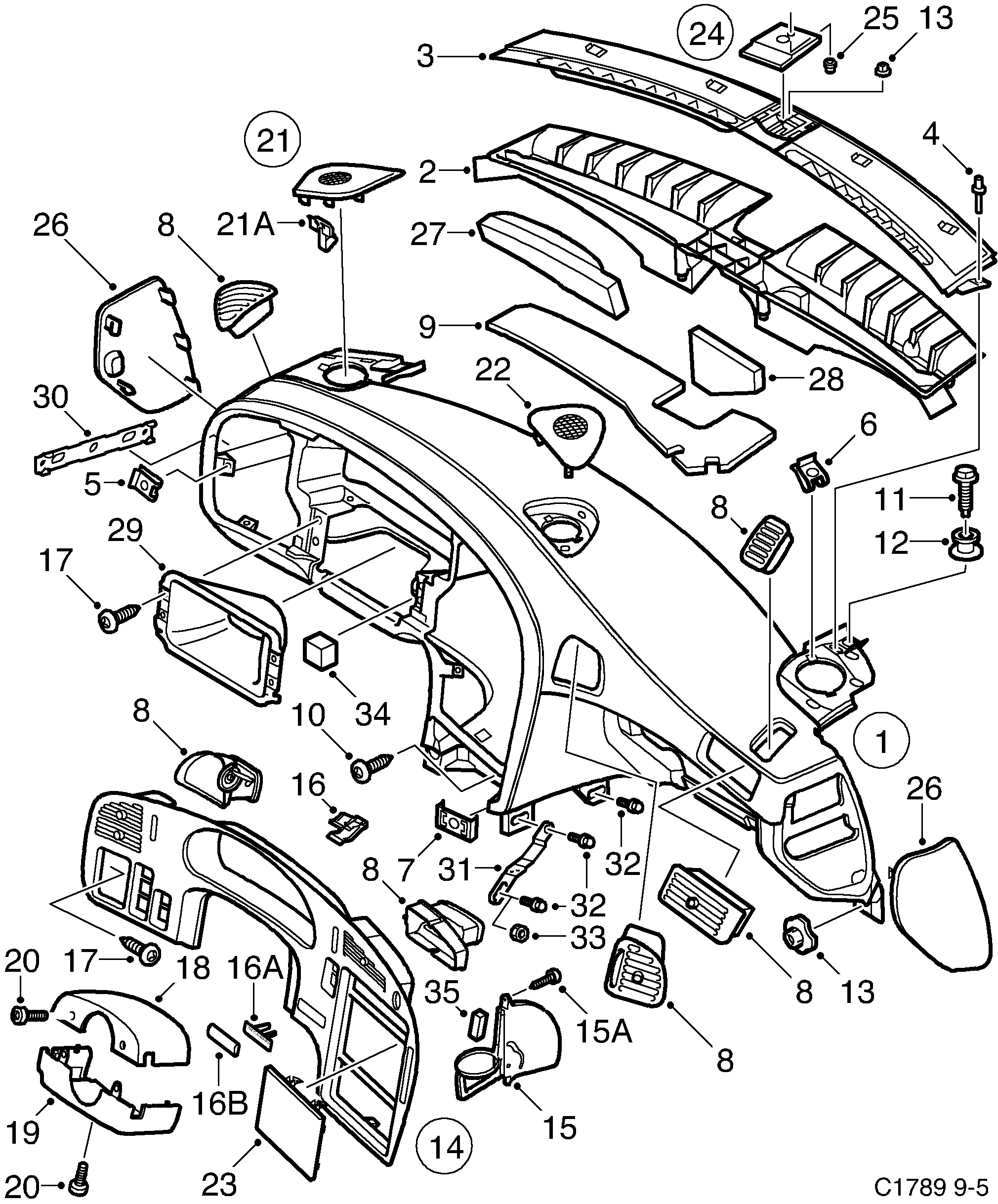 Saab 9-5 (9600) Panel Instrument plate diagram