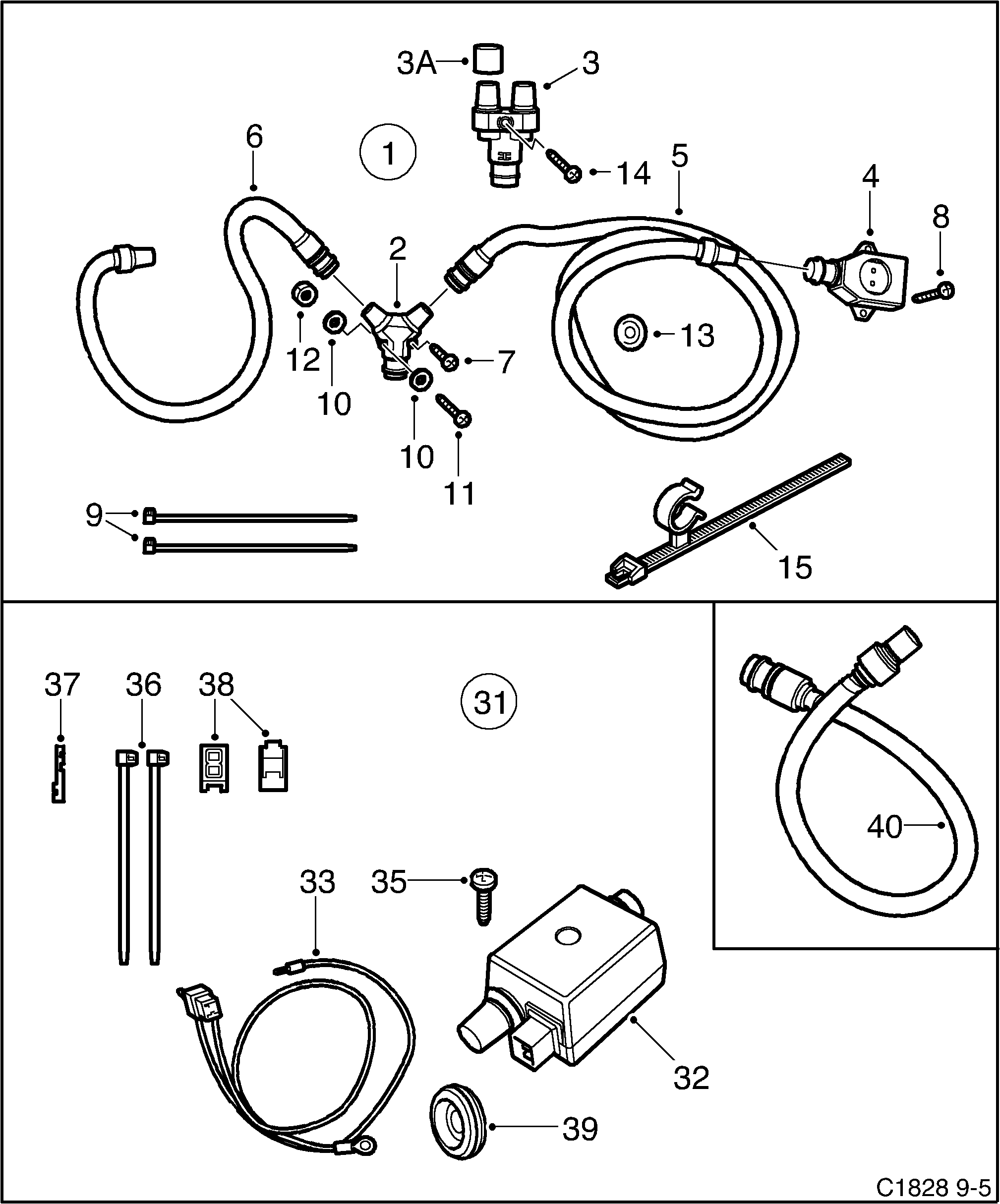 Saab 9-5 (9600) Climate control Branching cable kit diagram