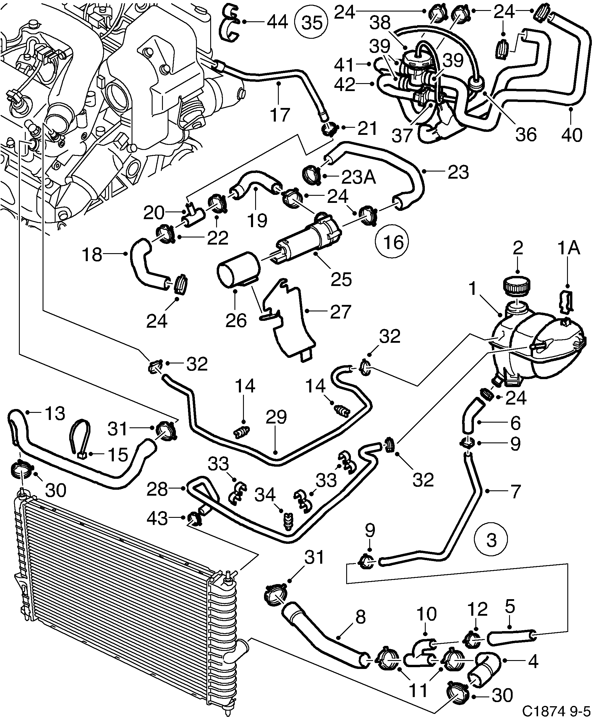 Saab 9-5 (9600) Expansion tank diagram