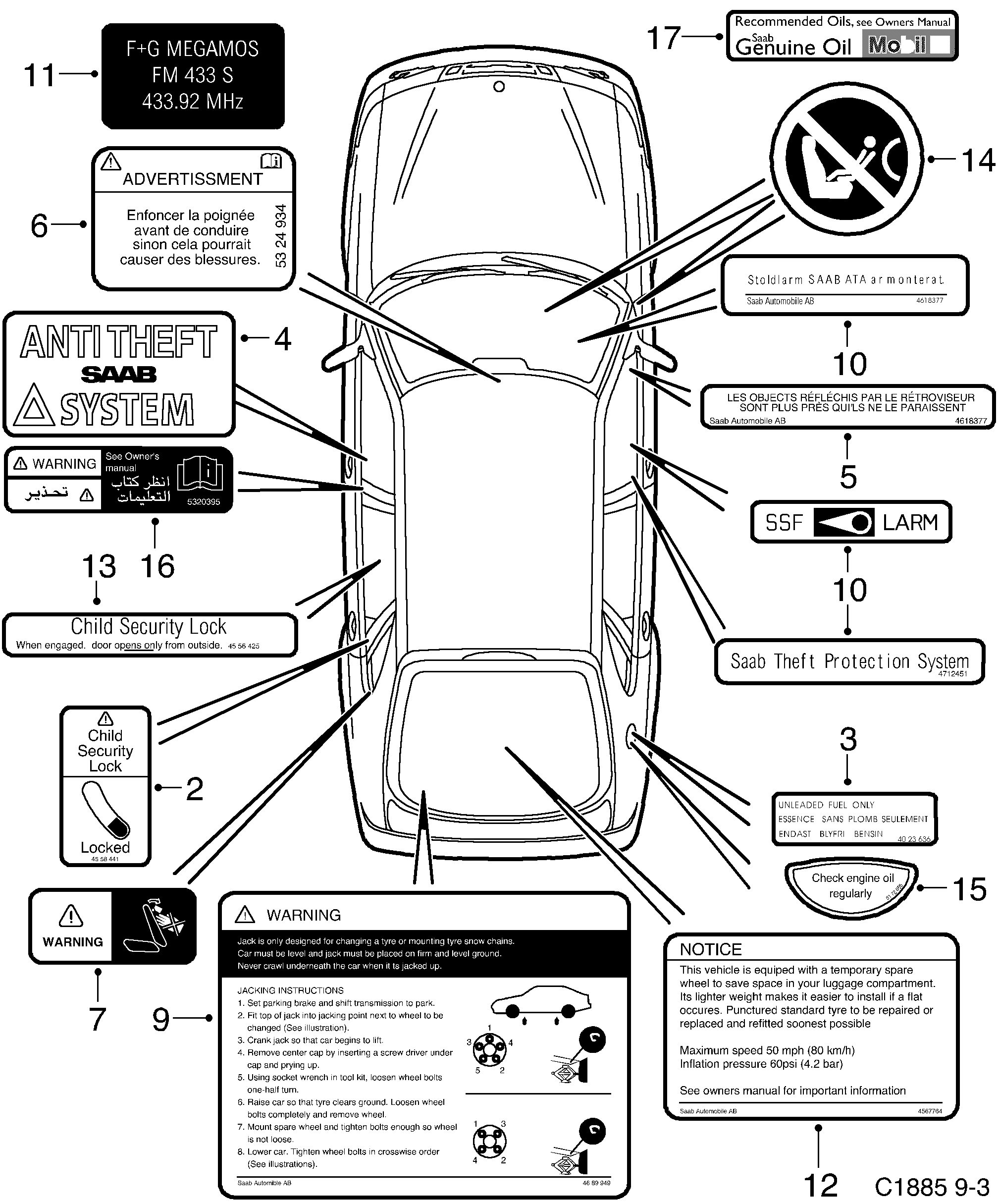 Saab 9-3 (9400) Labels Part 3 diagram