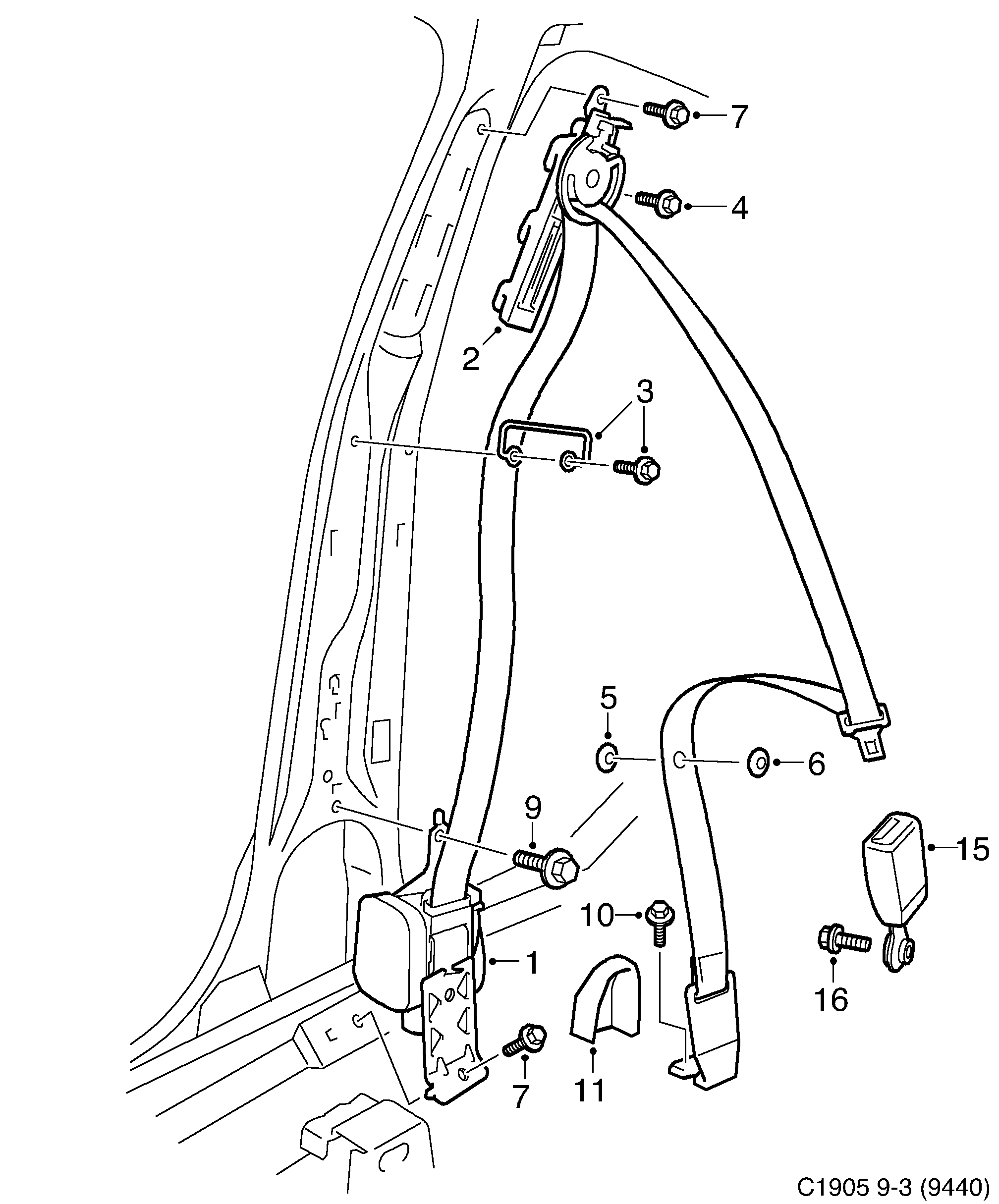 Saab 9-3 (9440) Safety belt, front seat diagram