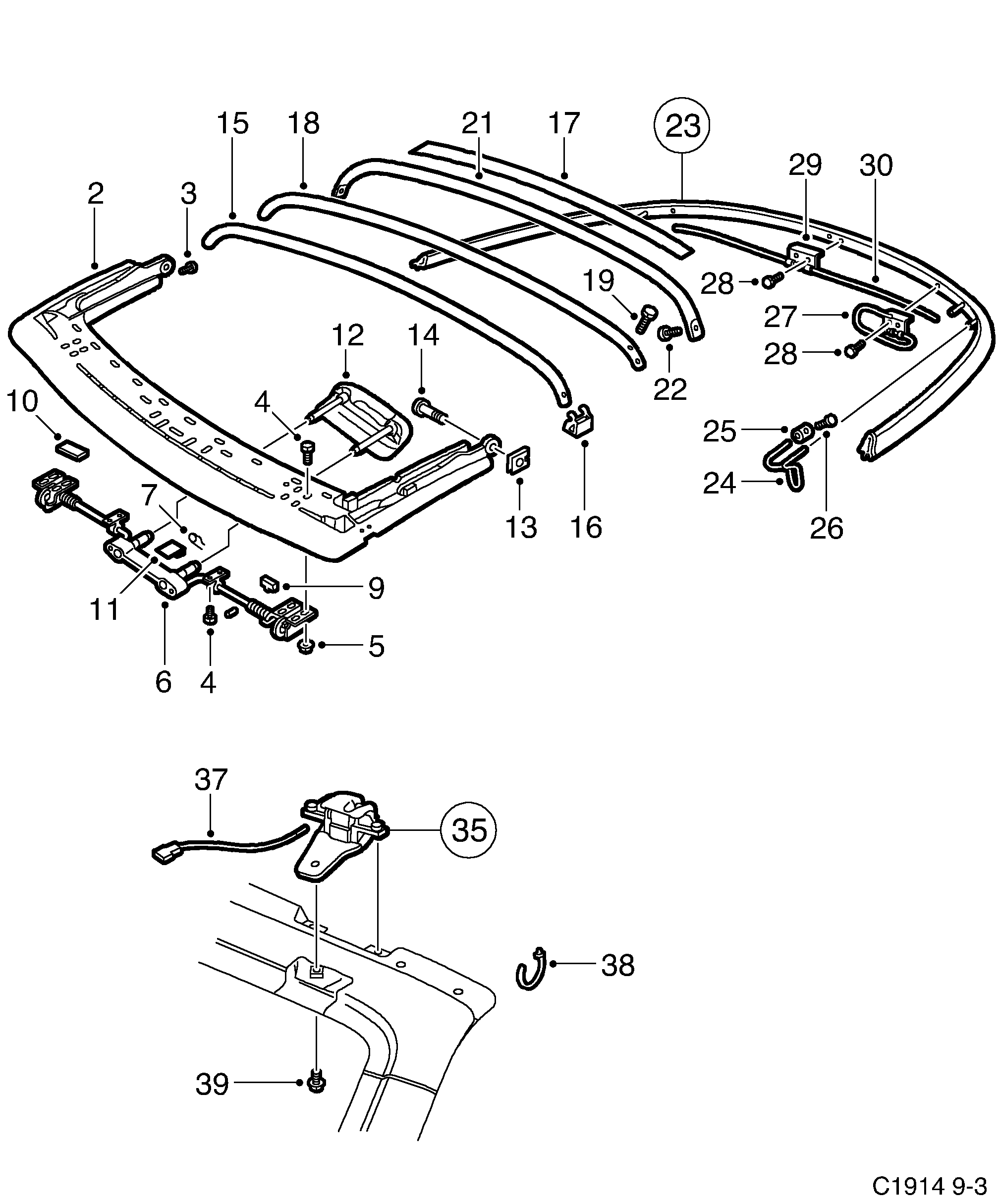 Saab 9-3 (9400) Bow 1, 2, 3, 4 and 5 Convertible diagram