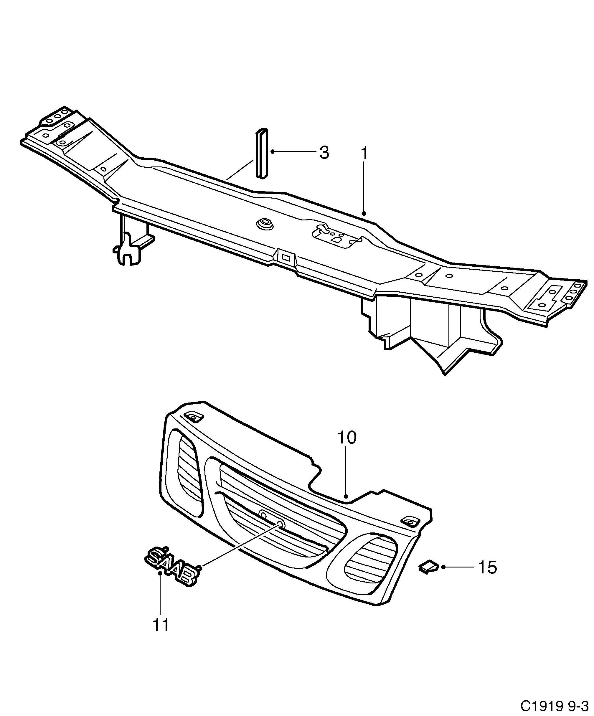 Saab 9-3 (9400) Radiator member Grille diagram
