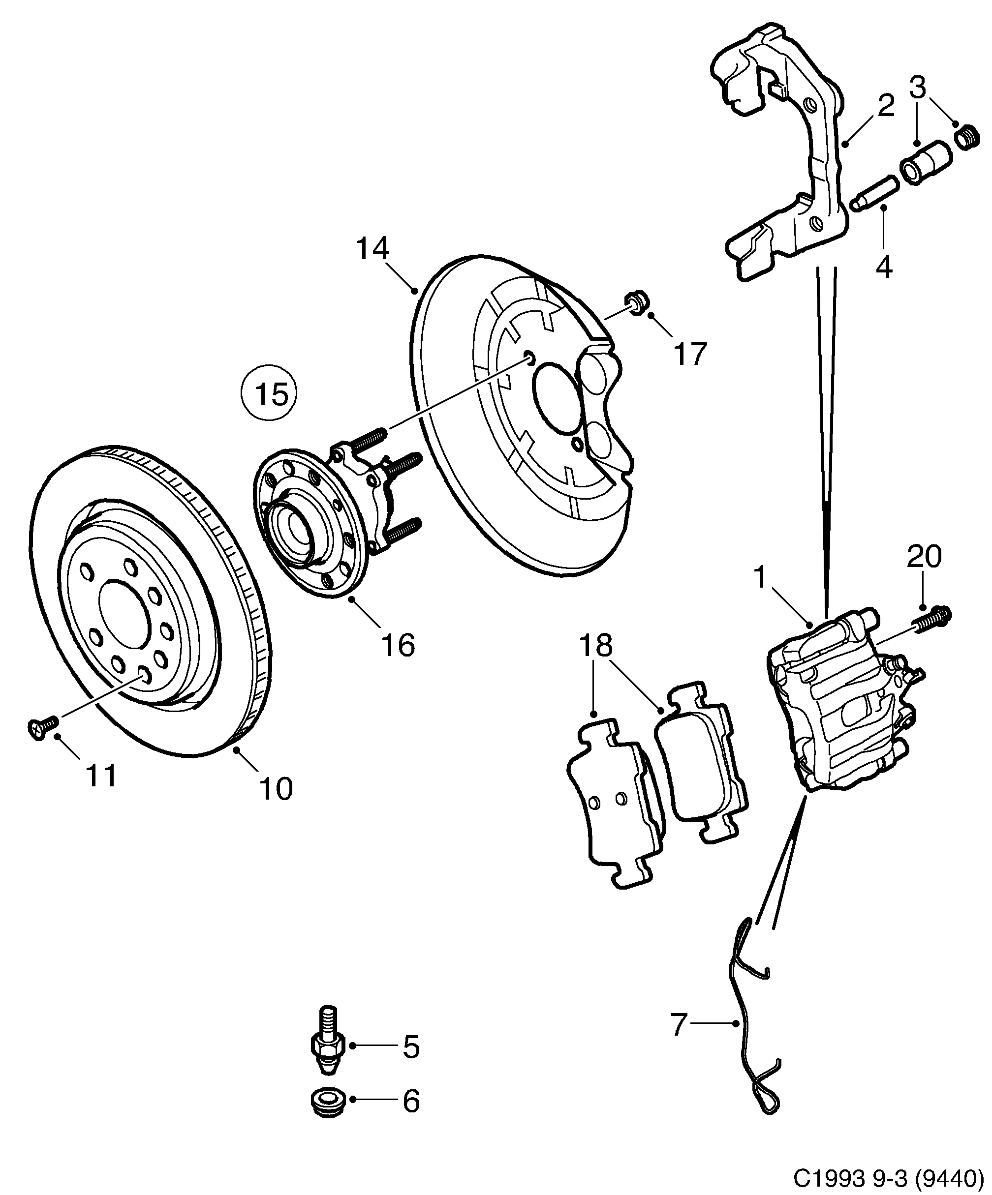 Saab 9-3 (9440) Rear wheel brake diagram