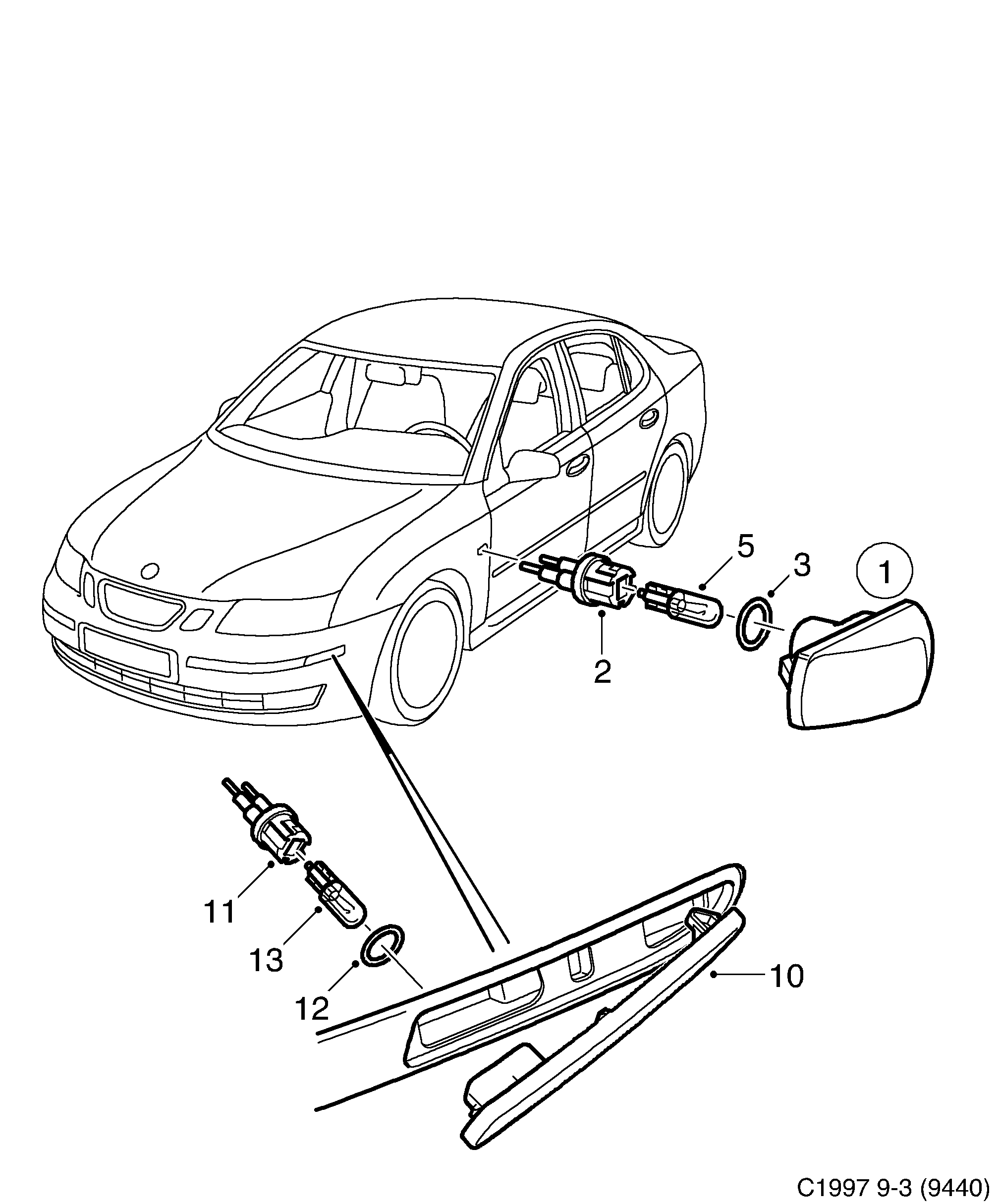 Saab 9-3 (9440) Side indicator lamp Side marking lamp diagram