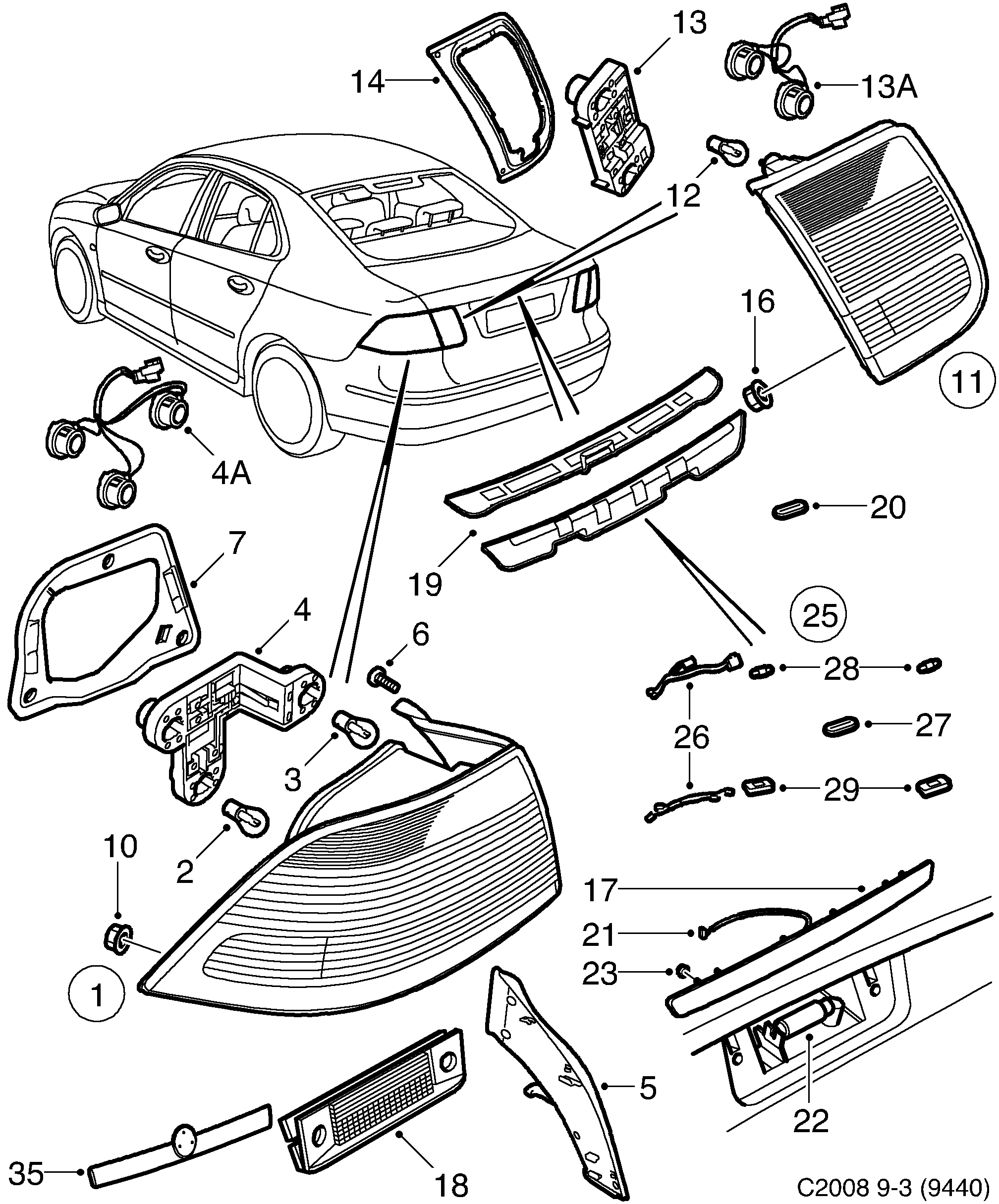 Saab 9-3 (9440) Tail light diagram