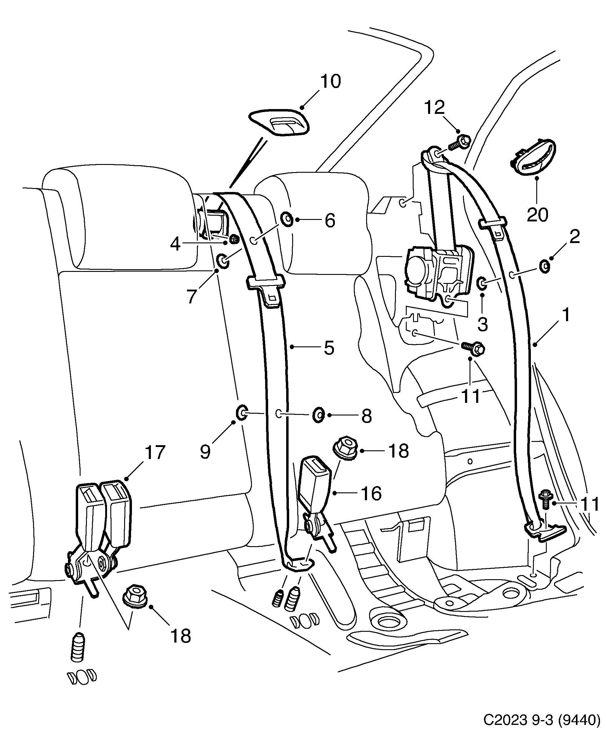 Saab 9-3 (9440) Safety belt, rear seat diagram