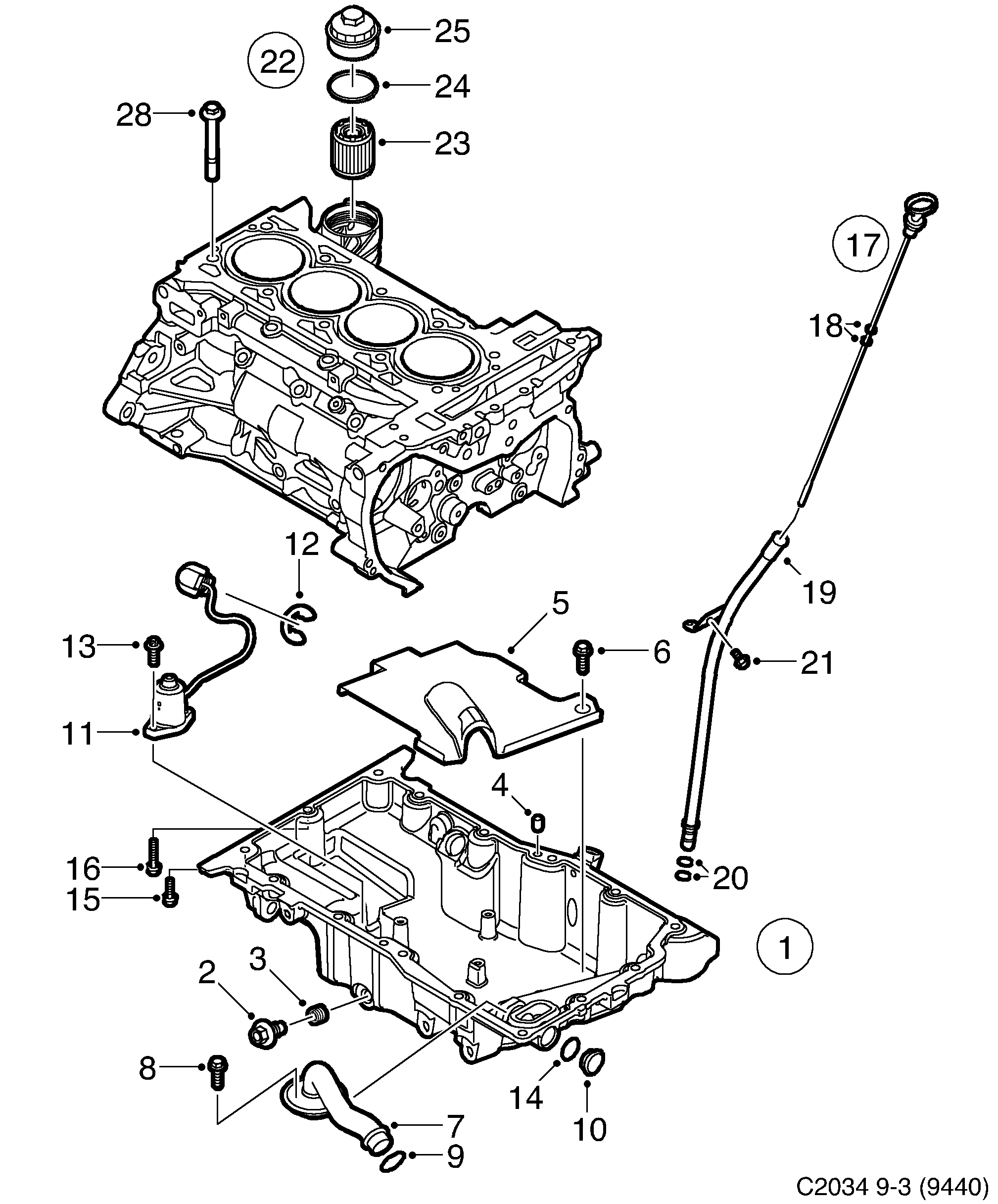 Saab 9-3 (9440) Oil pan, oil filter diagram