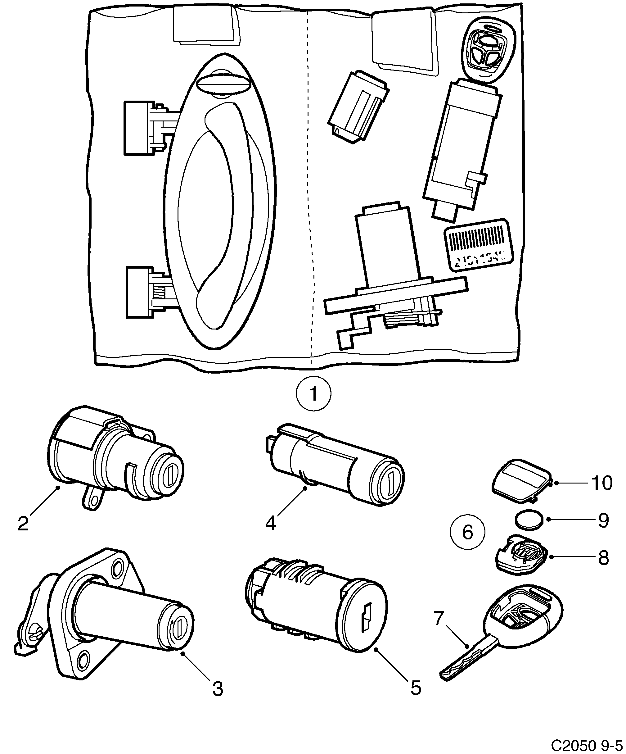 Saab 9-5 (9600) Lock Lock cylinder set diagram