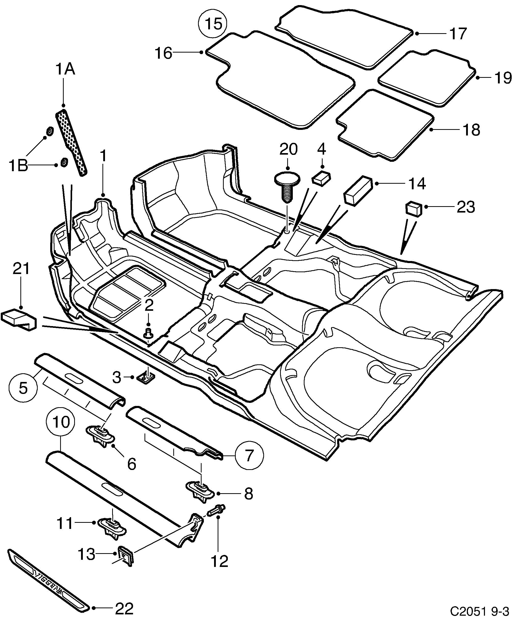 Saab 9-3 (9400) Carpet Sill protection diagram