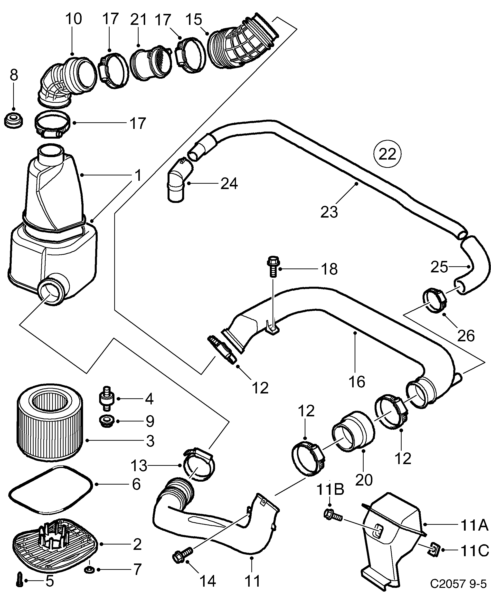 Saab 9-5 (9600) Air cleaner Without water separator diagram