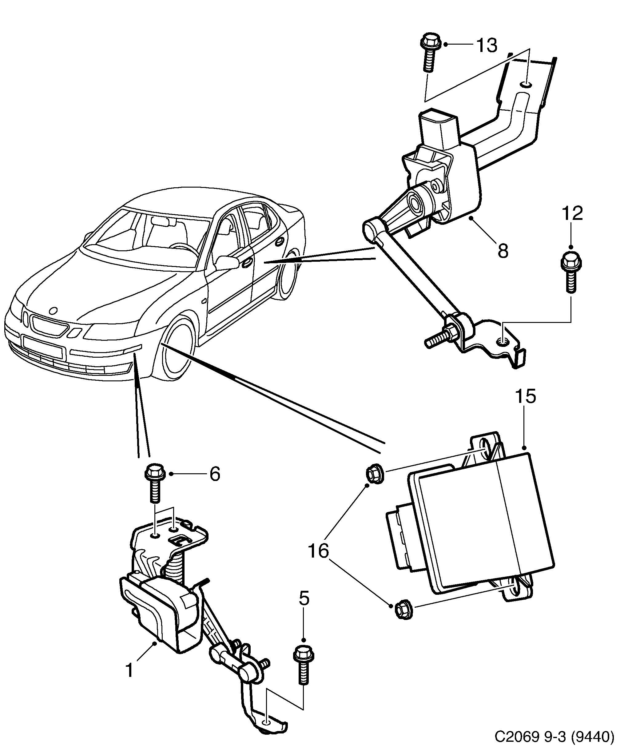 Saab 9-3 (9440) Center of gravity sensor Xenon diagram
