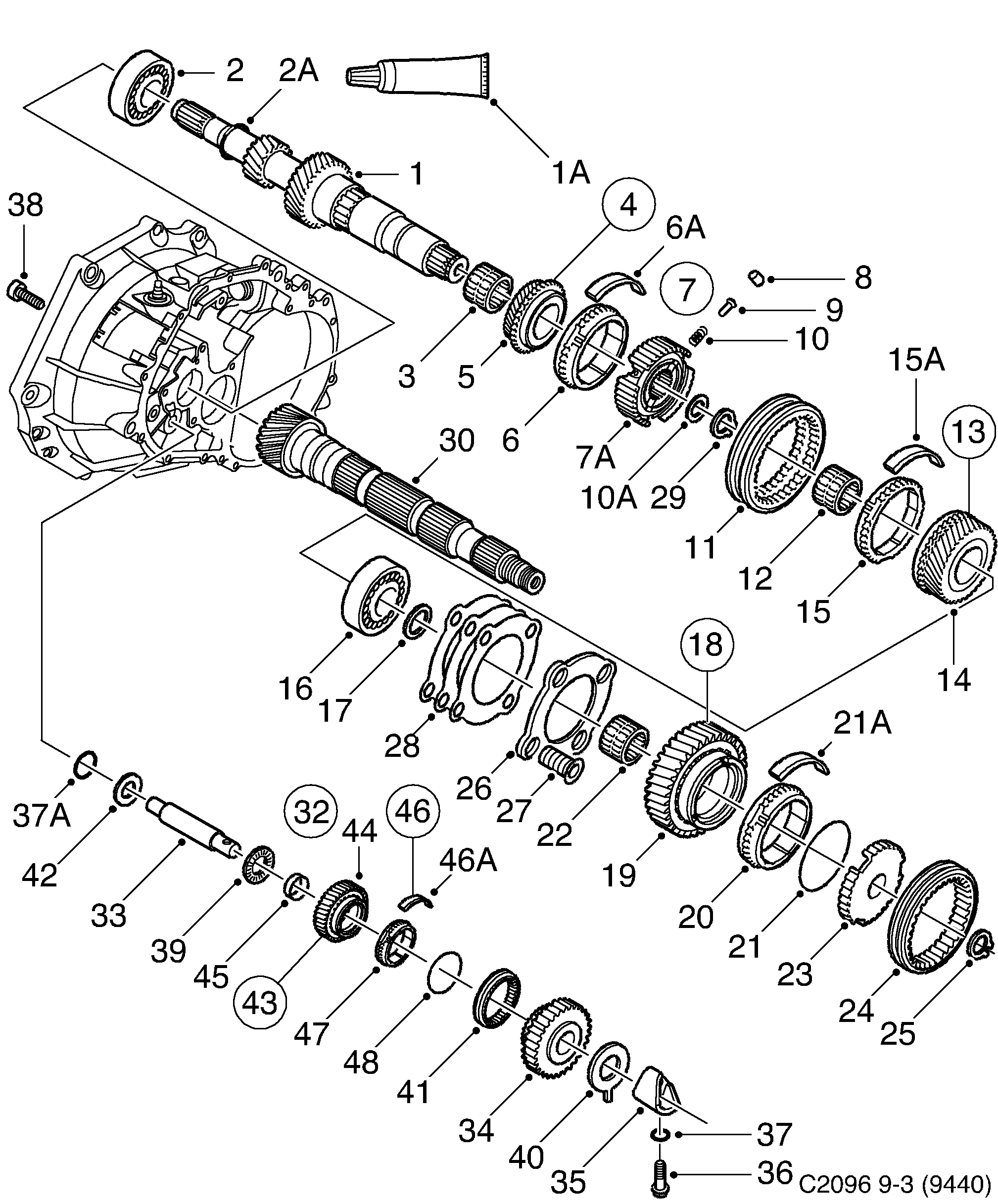 Saab 9-3 (9440) Shafts, gears Input shaft diagram