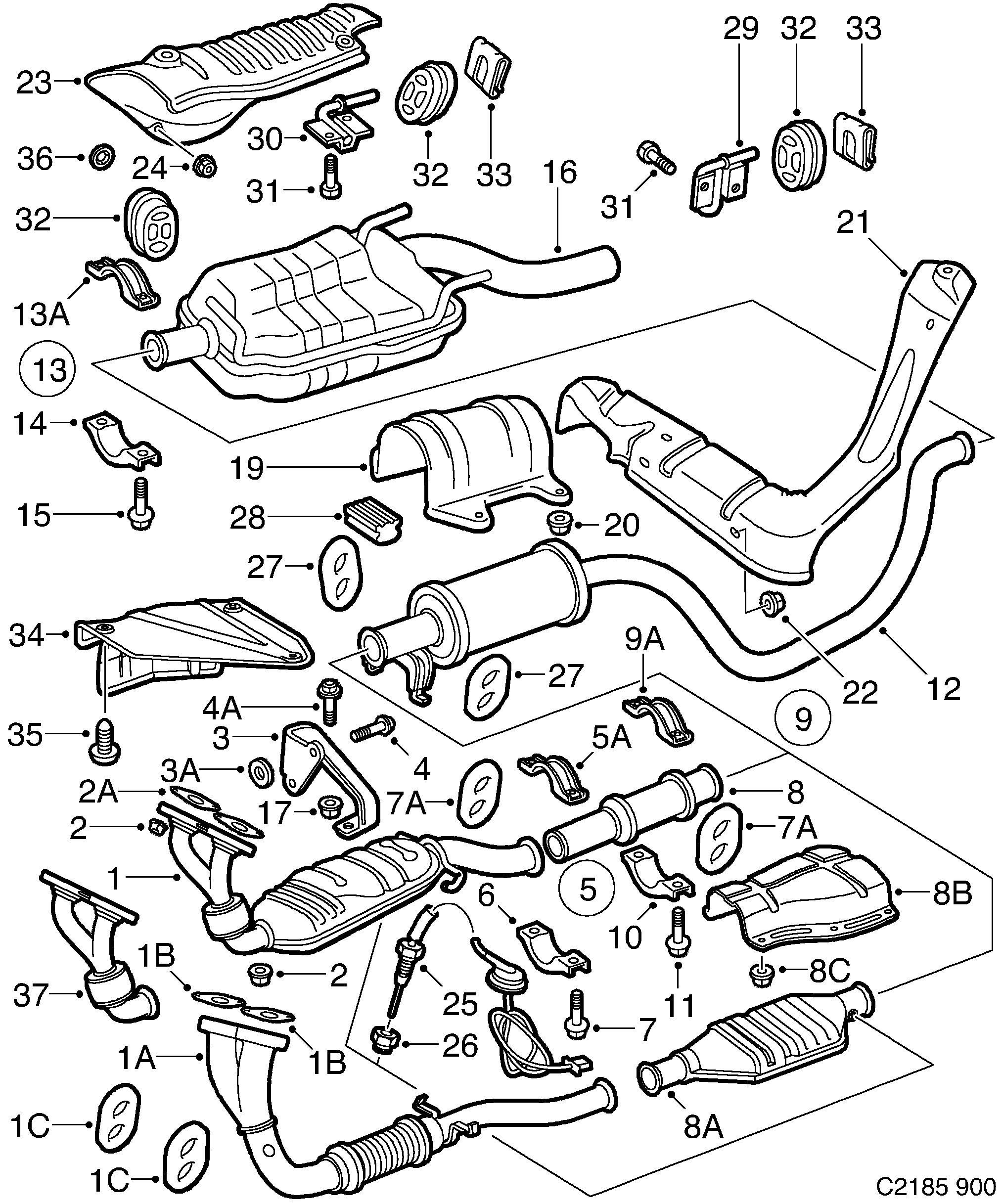 Saab 900 Exhaust system diagram