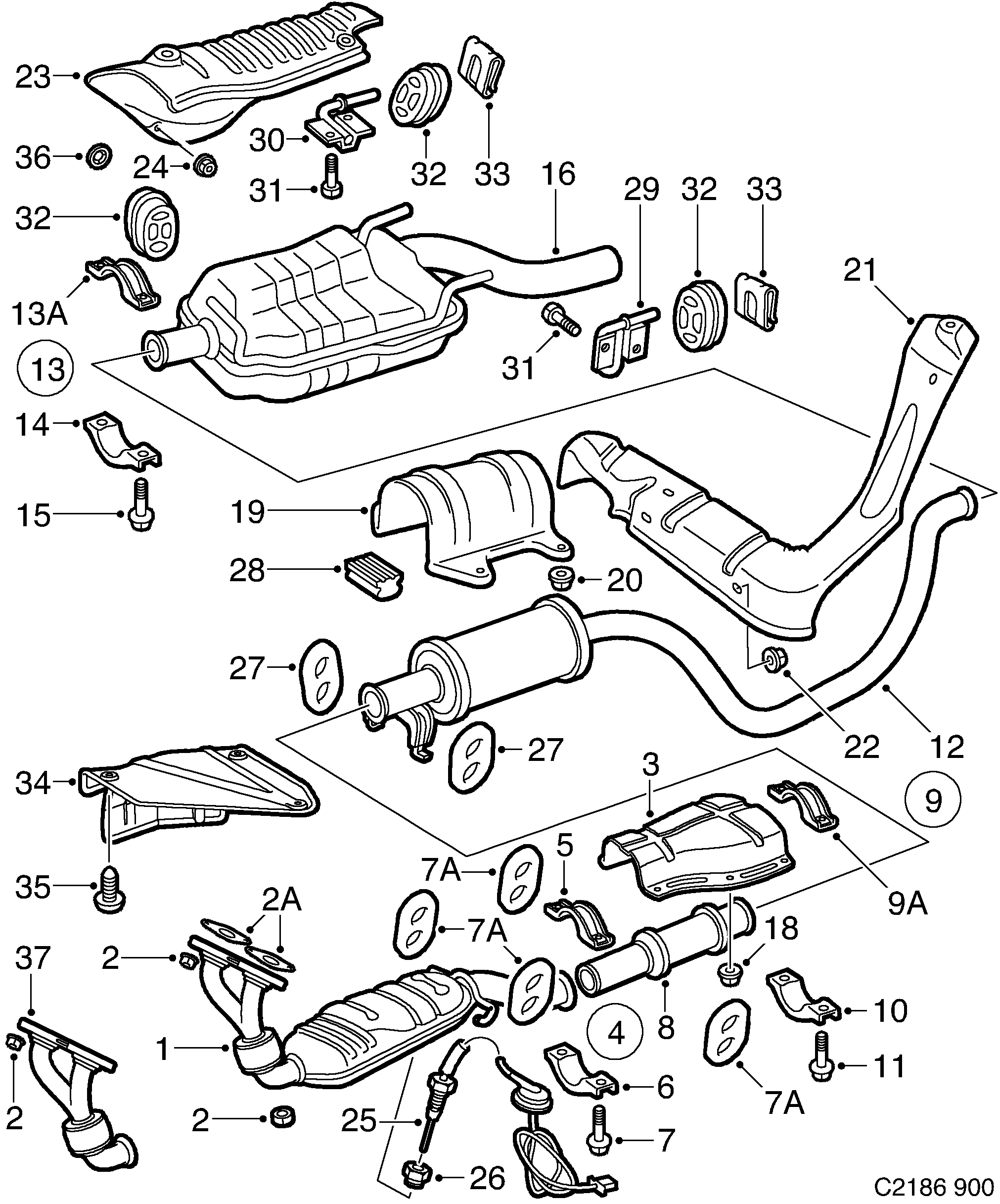 Saab 900 Exhaust system diagram