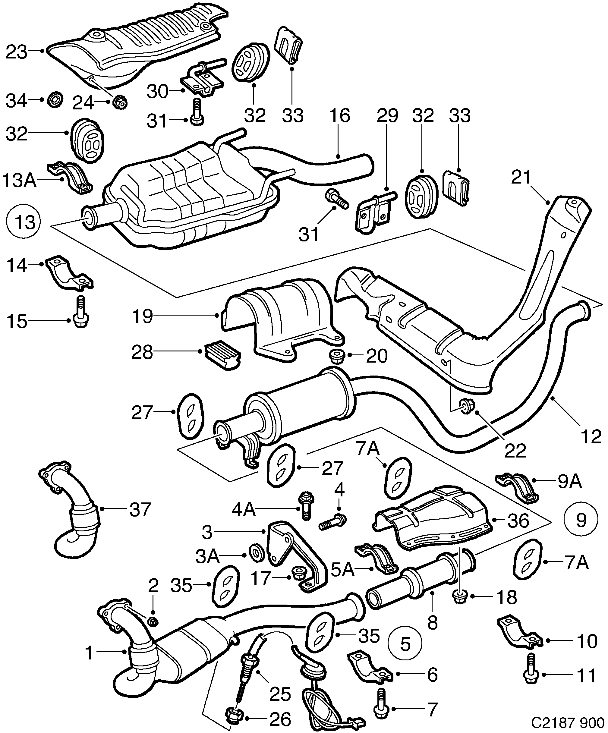 Saab 900 Exhaust system diagram
