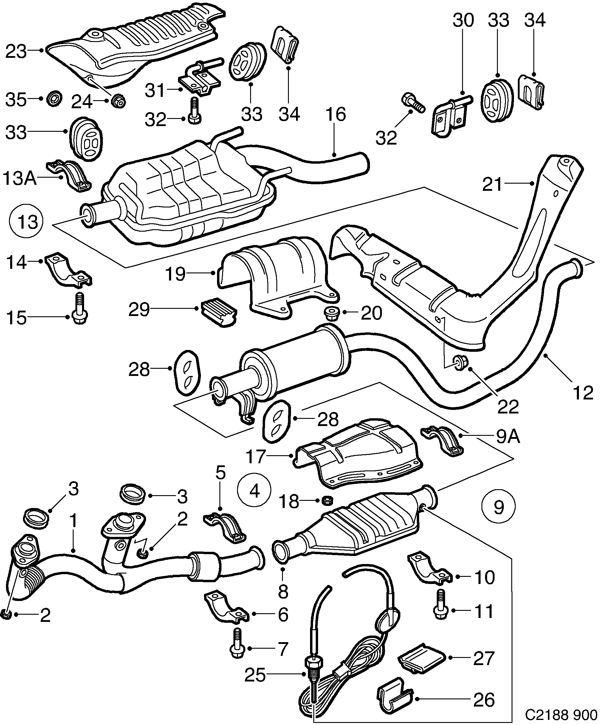 Saab 900 Exhaust system diagram