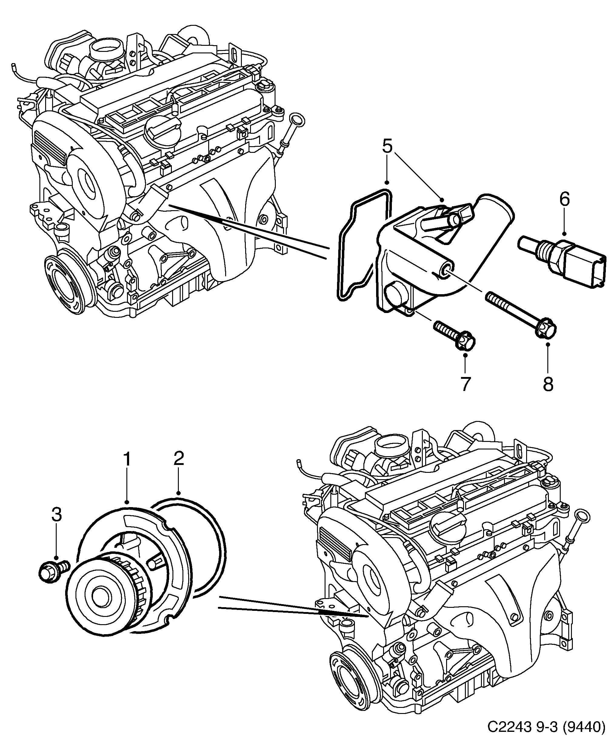 Saab 9-3 (9440) Coolant pump Thermostat diagram