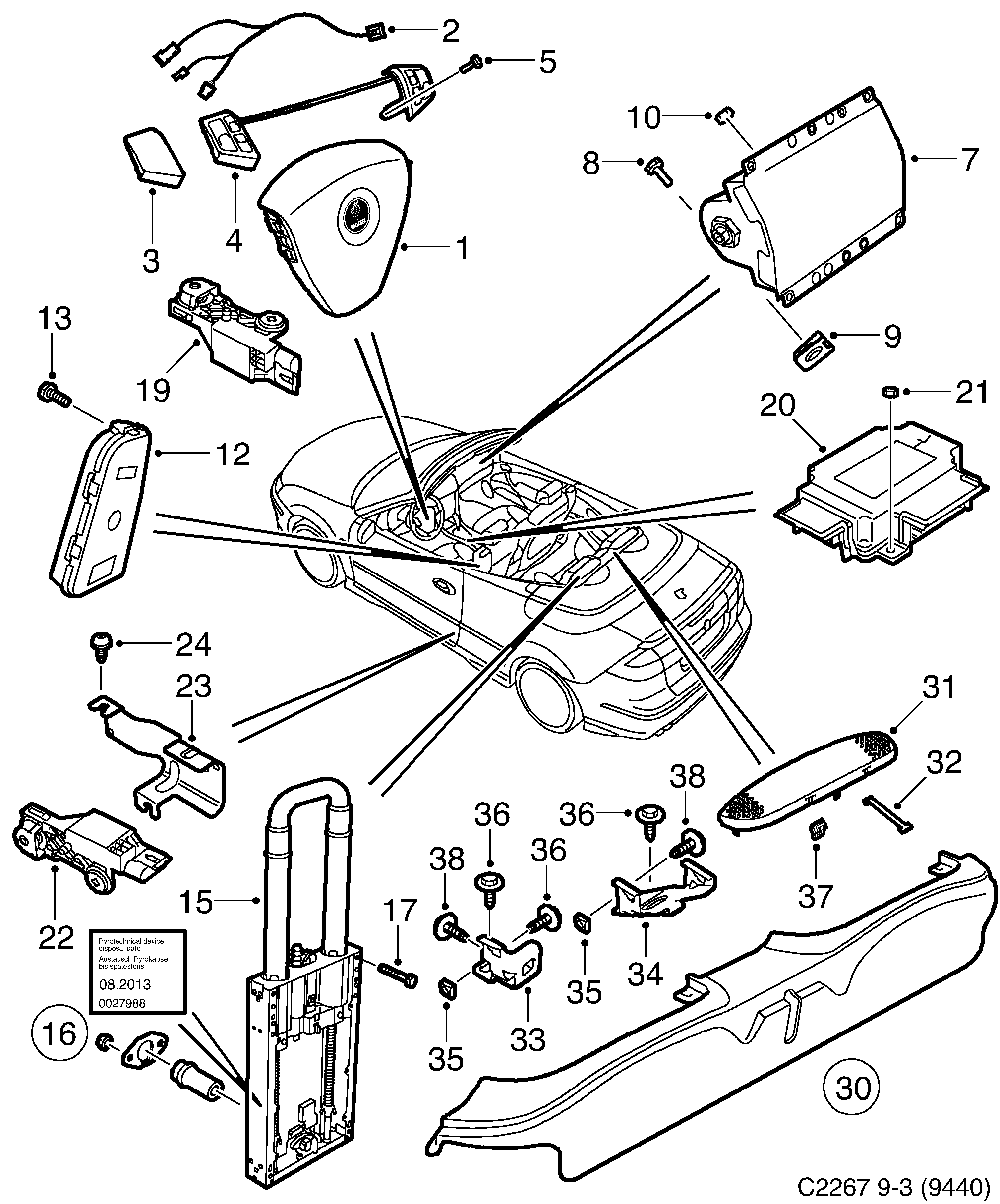 Saab 9-3 (9440) Inflatable bag Roll-over bar diagram