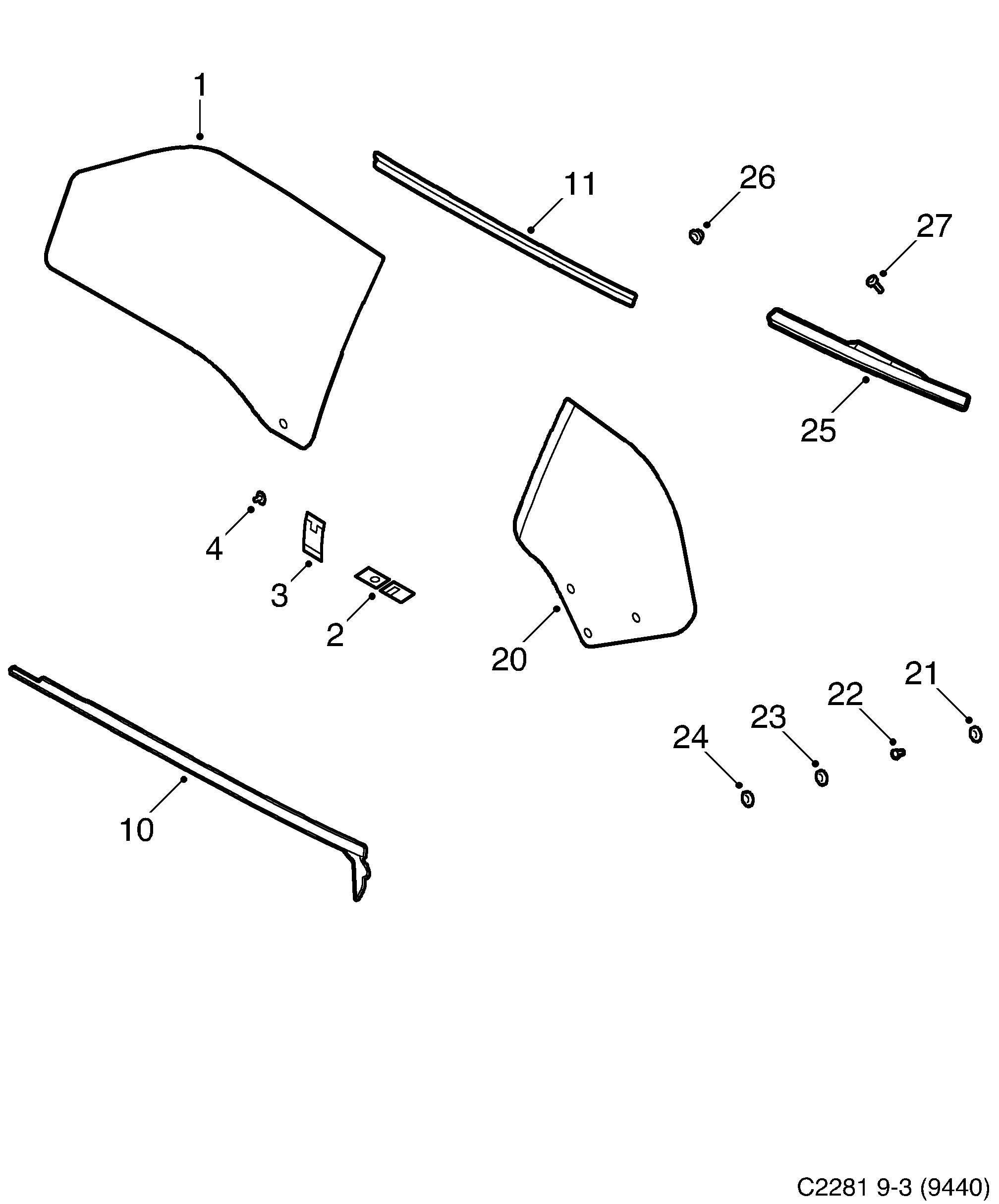 Saab 9-3 (9440) Doors and side windows diagram