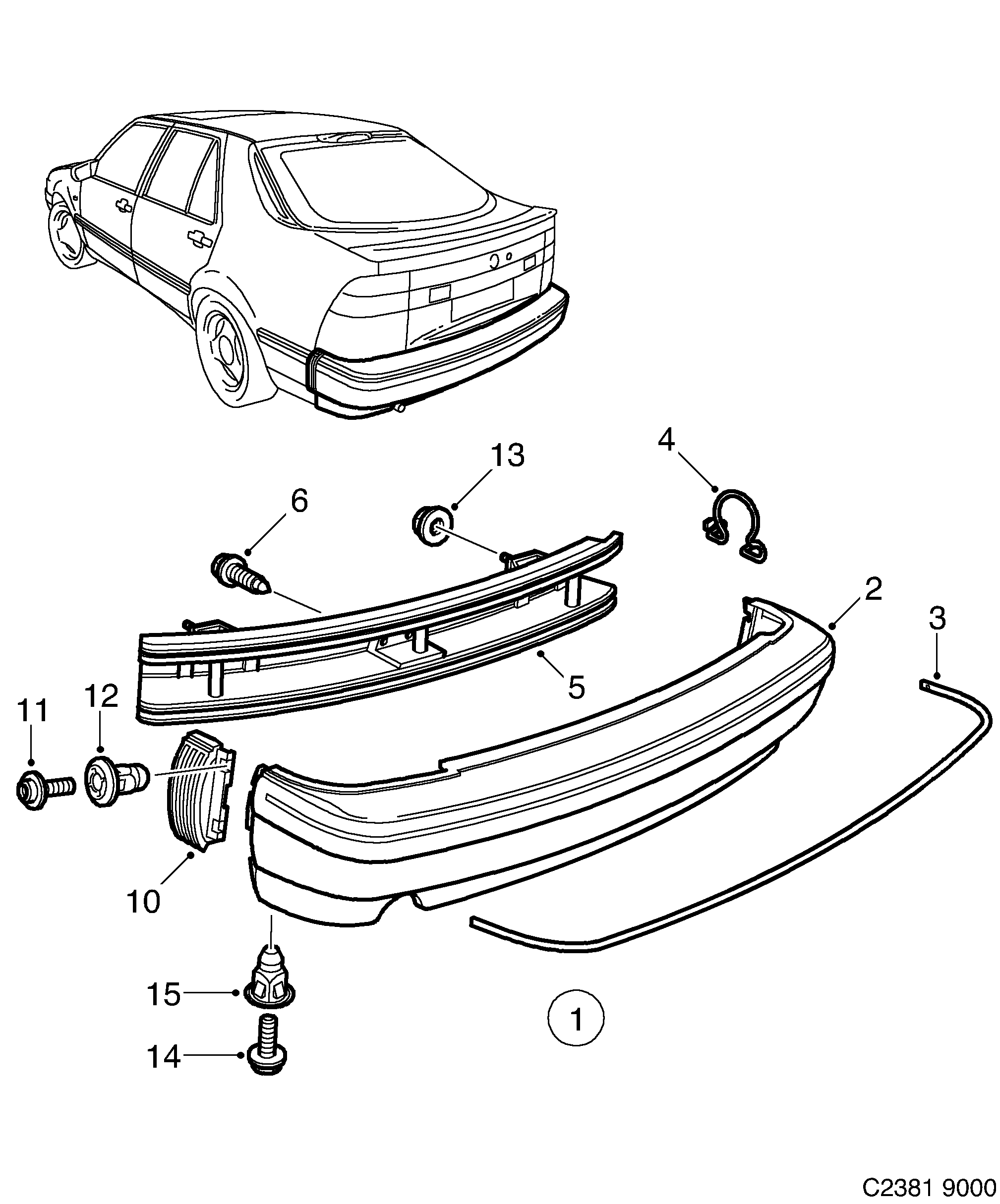 Saab 9000 Bumper, rear diagram