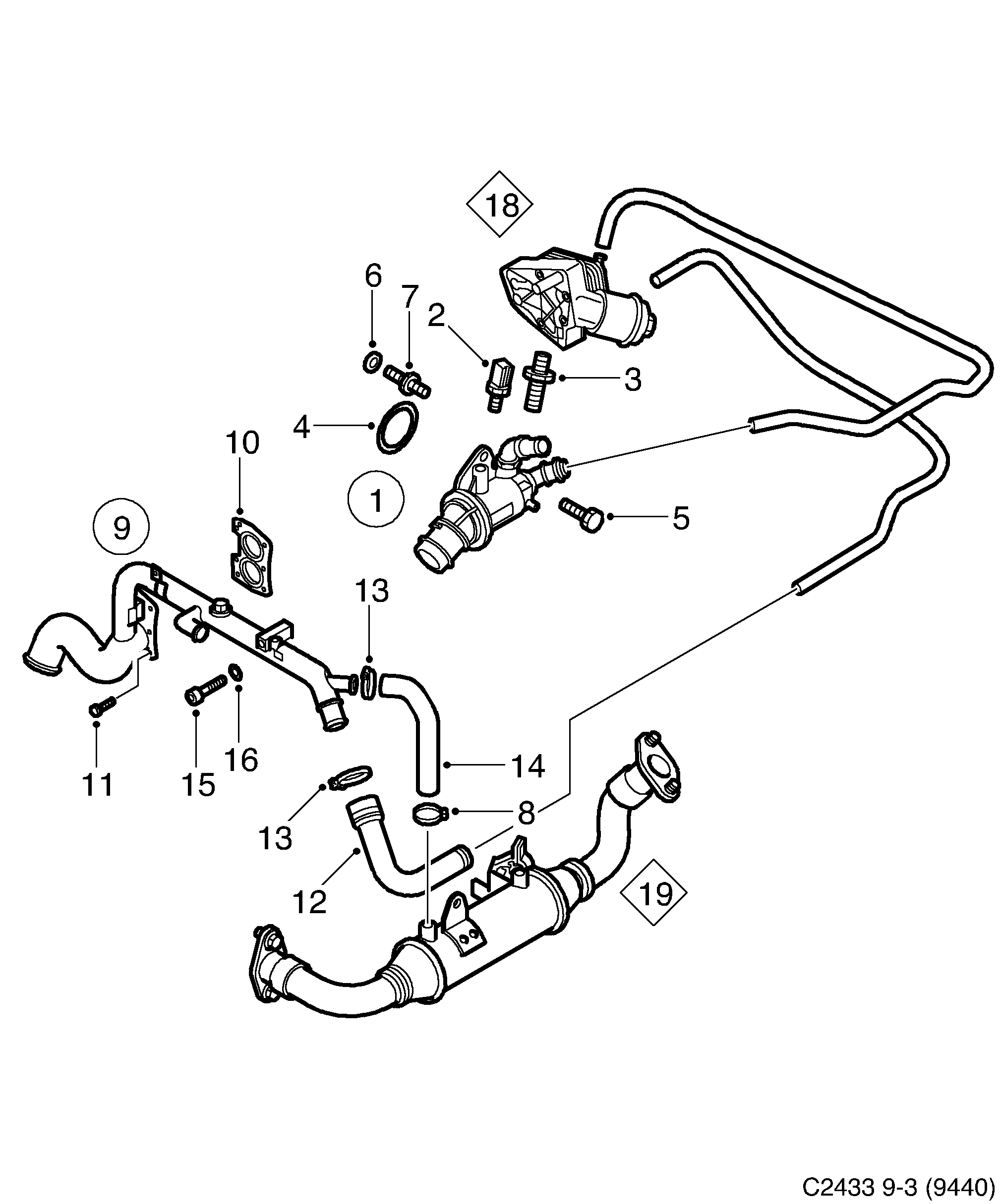 Saab 9-3 (9440) Thermostat, etc diagram
