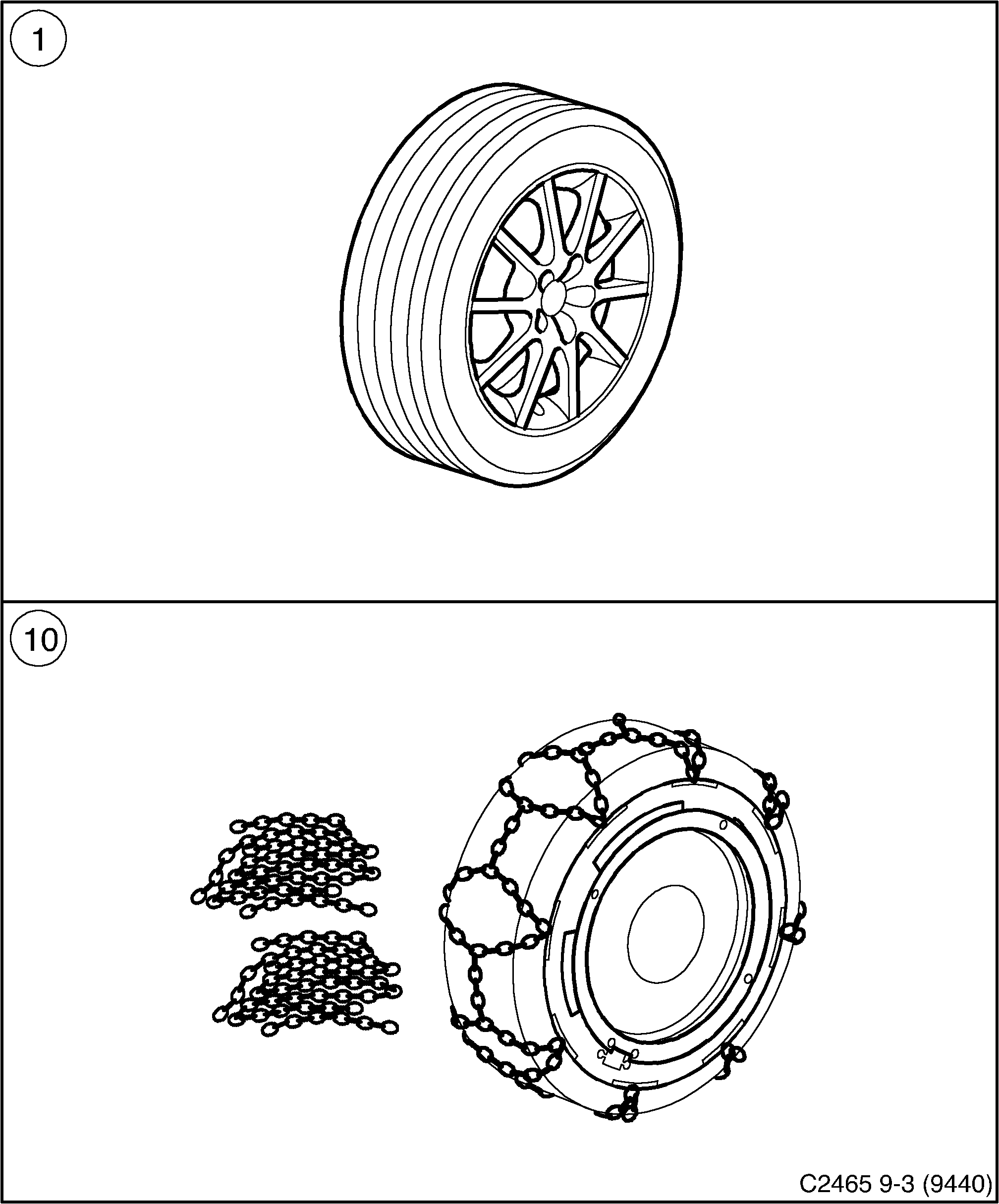 Saab 9-3 (9440) Winter wheel Snow chains diagram