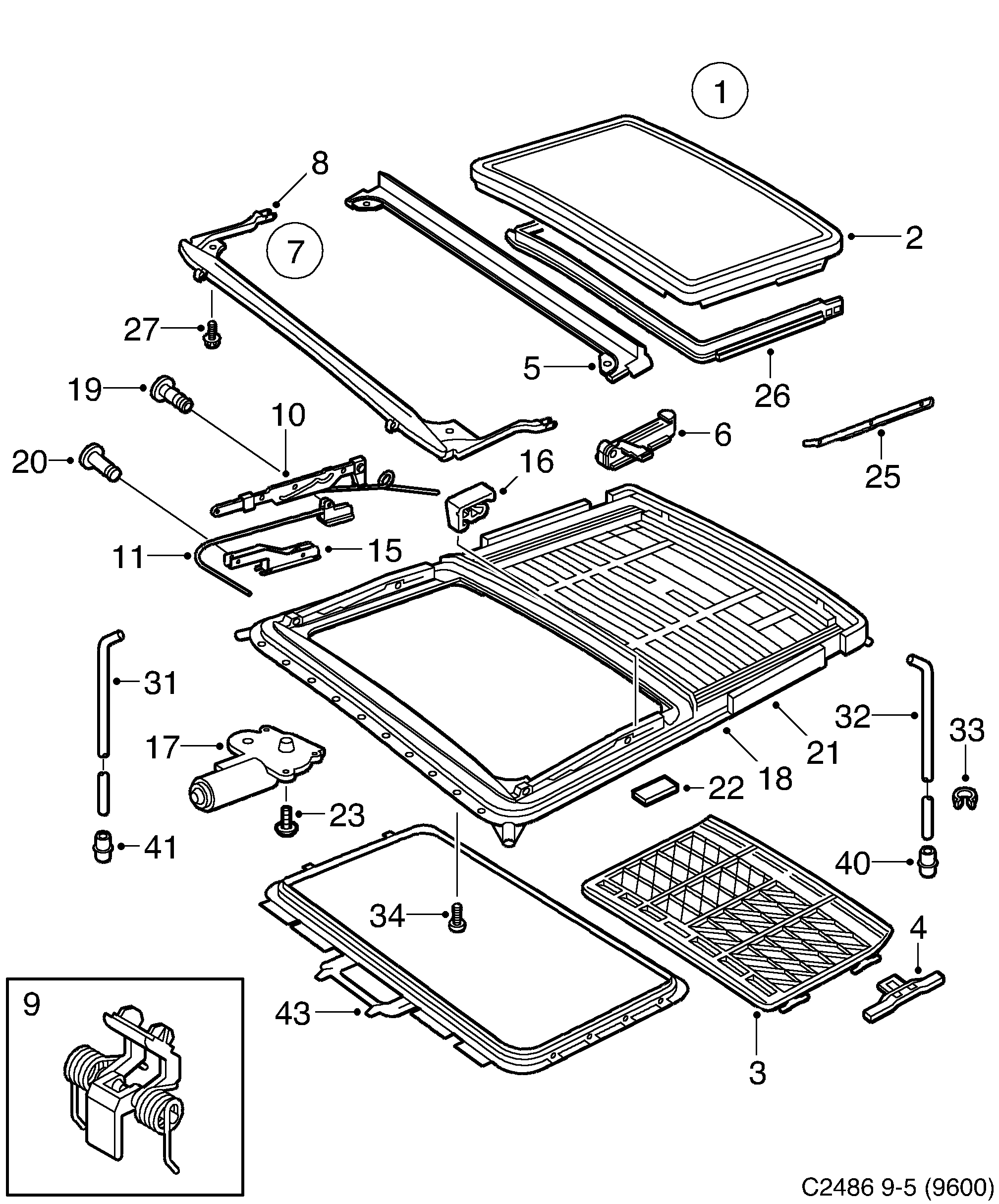Saab 9-5 (9600) Sun roof diagram