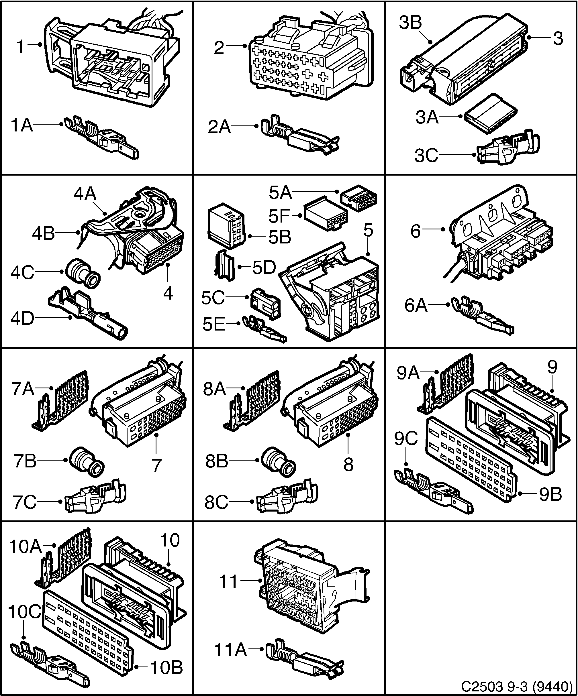 Saab 9-3 (9440) Connector housing etc 33-pin - 43-pin diagram