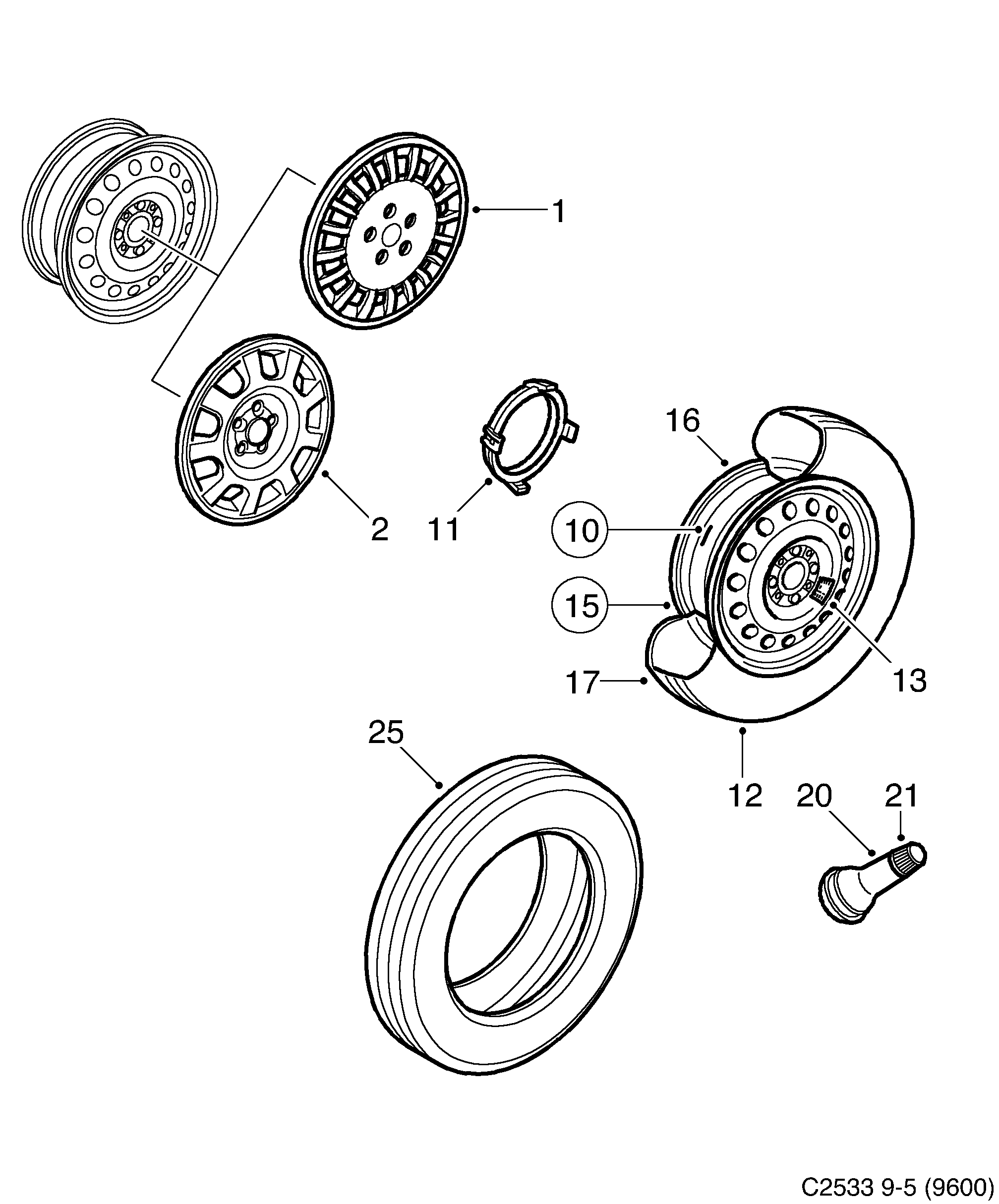 Saab 9-5 (9600) Wheel Tire diagram