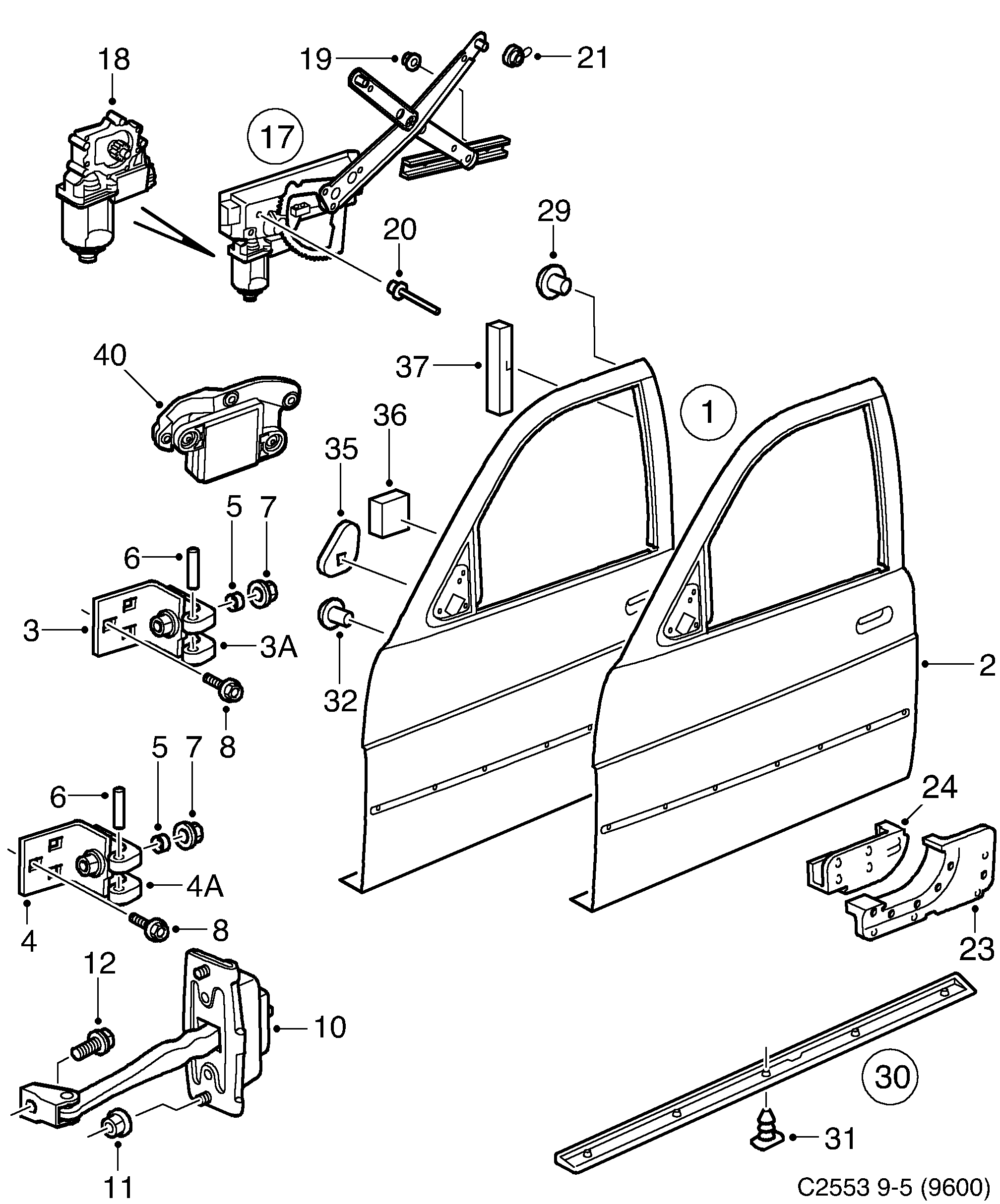 Saab 9-5 (9600) Front door window regulators diagram