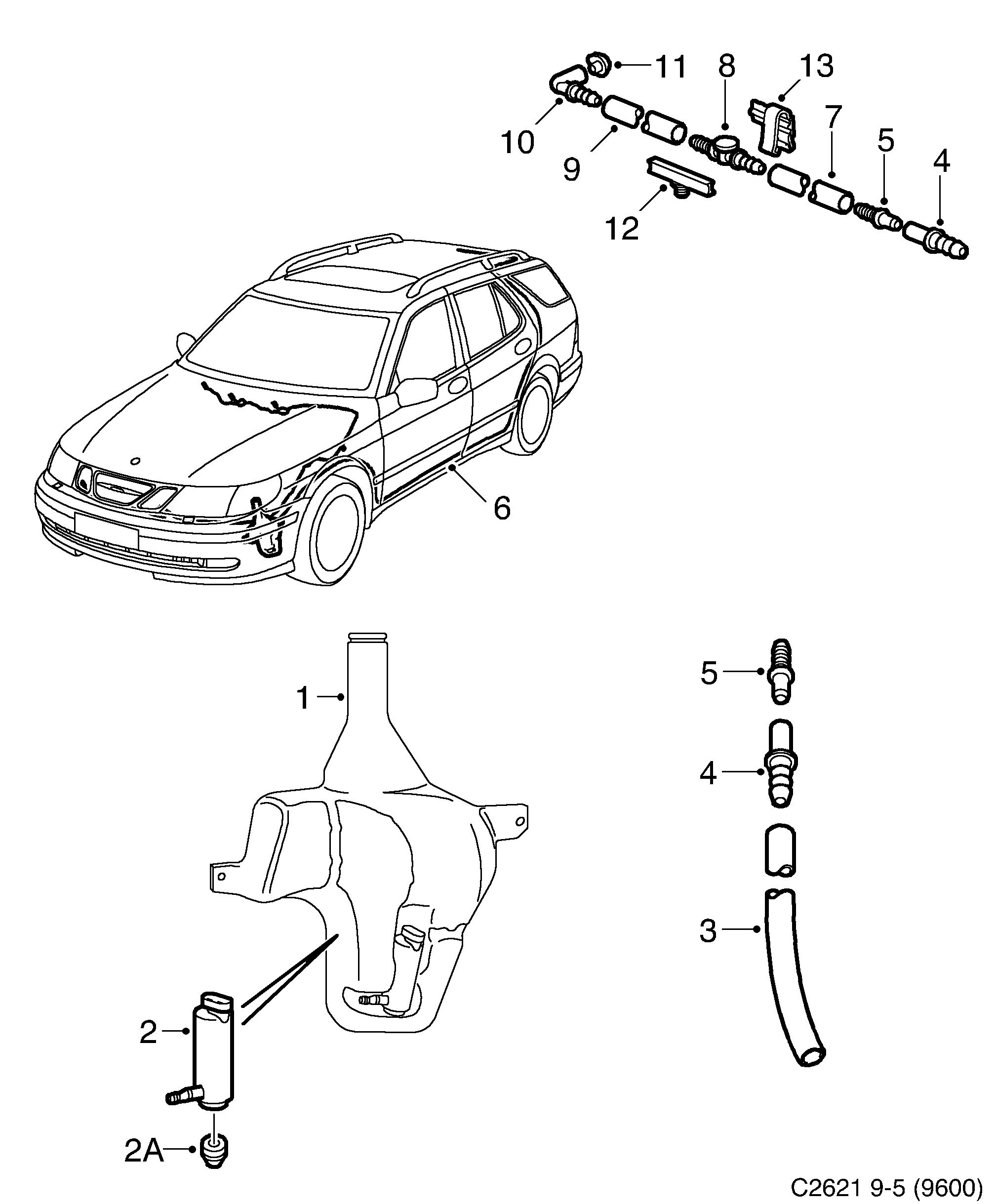 Saab 9-5 (9600) Washer unit Rear window diagram