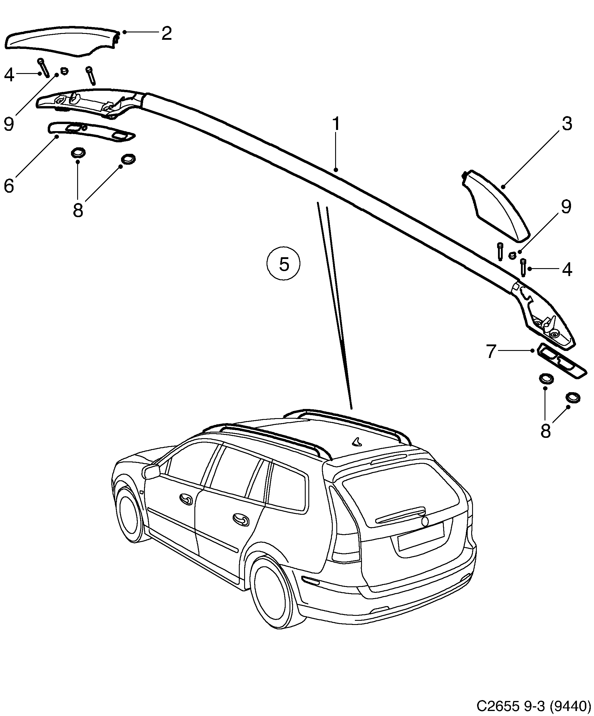 Saab 9-3 (9440) Roof rack diagram