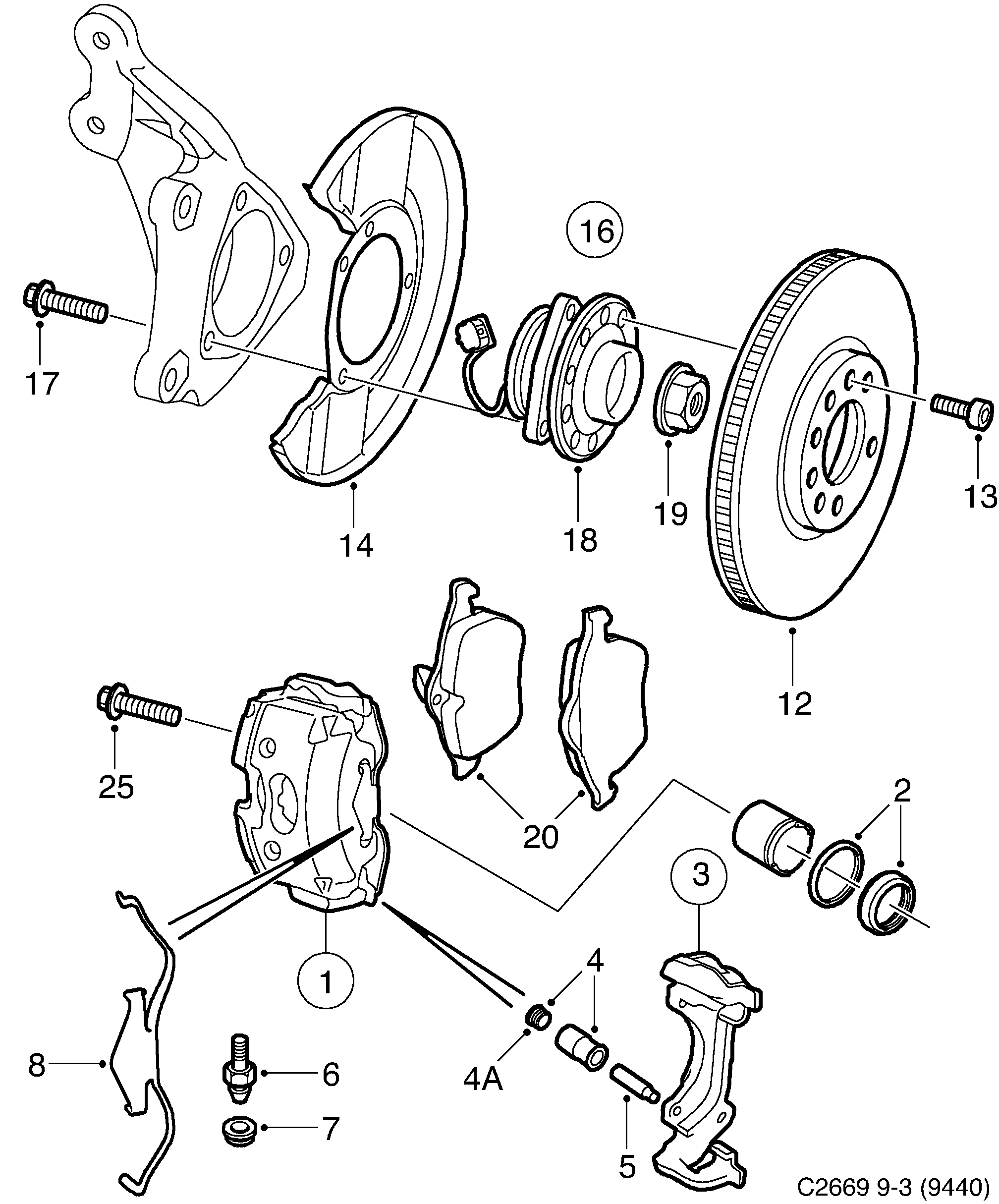 Saab 9-3 (9440) Front wheel brake diagram