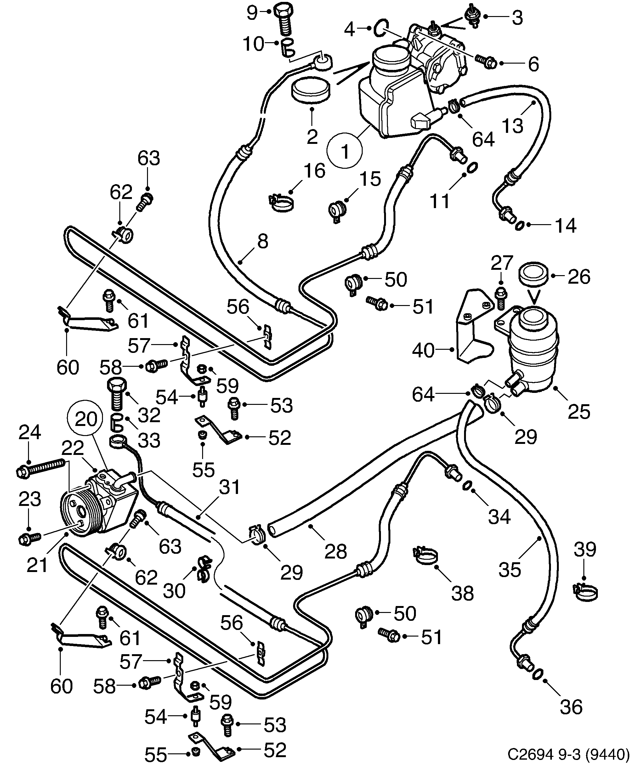 Saab 9-3 (9440) Hydraulic pump hoses diagram