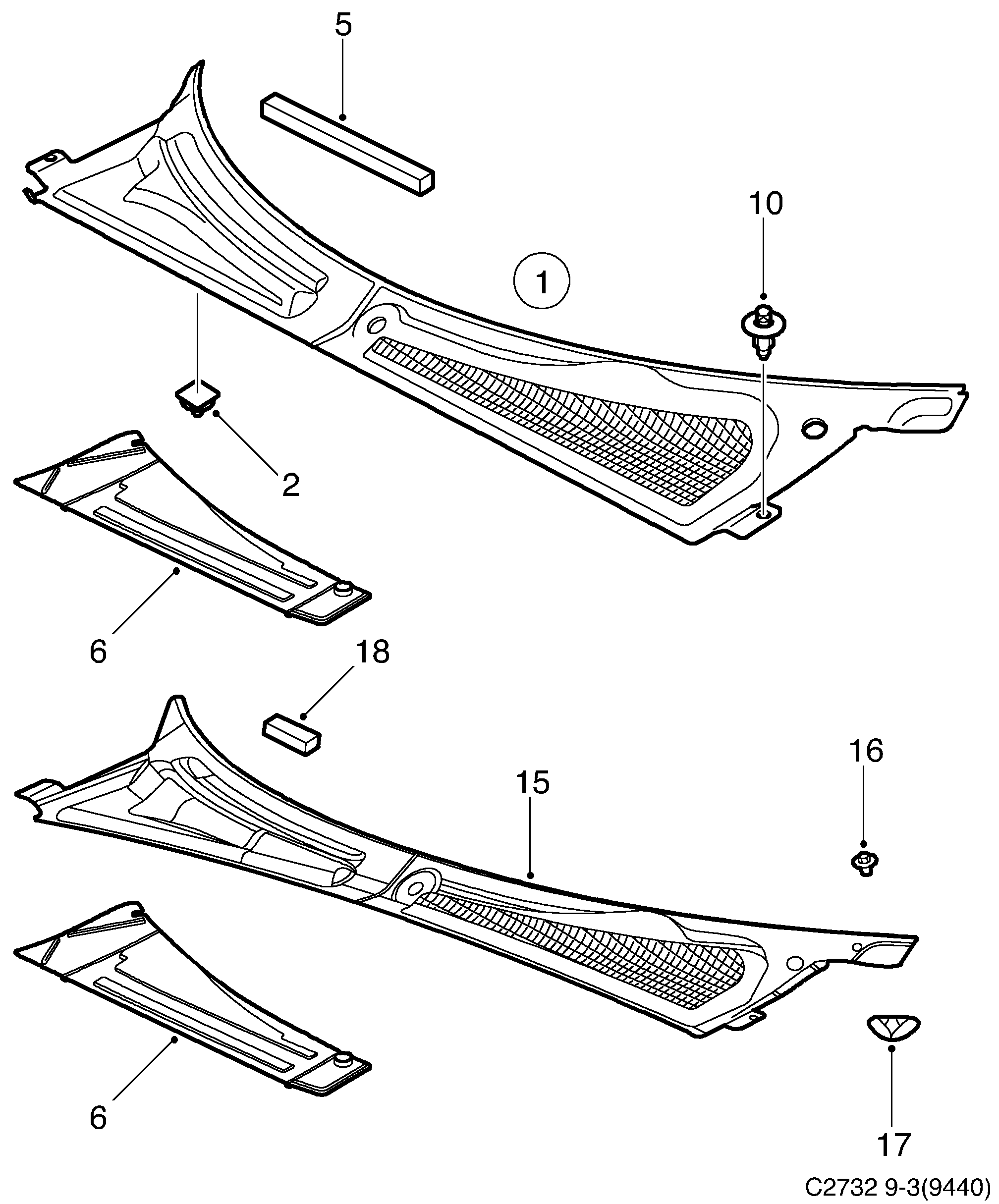 Saab 9-3 (9440) Air inlet, compartment diagram