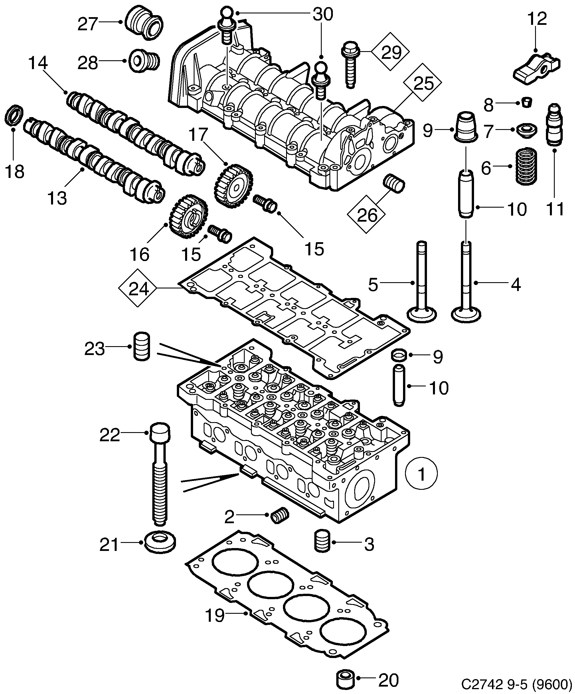 Saab 9-5 (9600) Cylinder head diagram