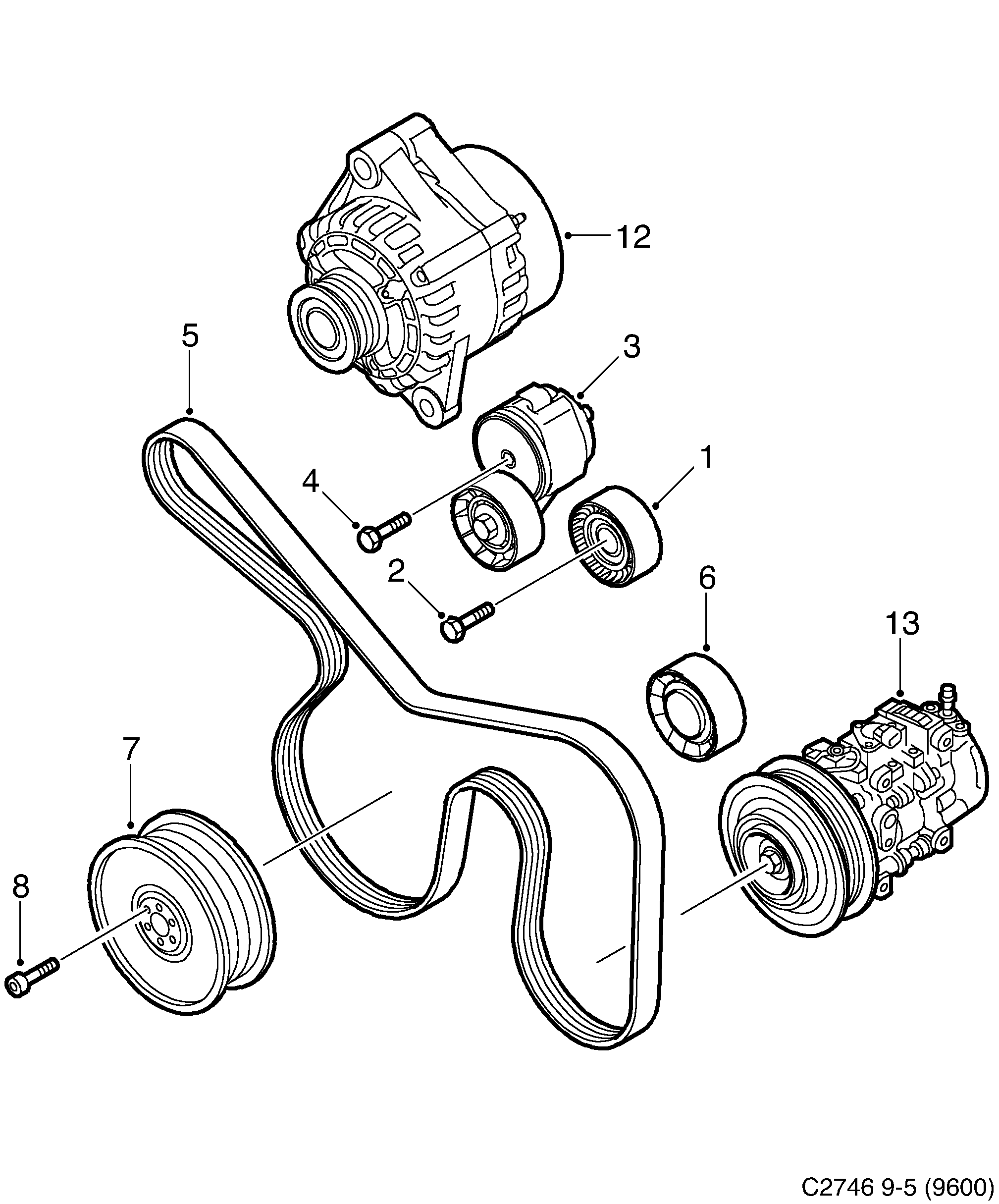 Saab 9-5 (9600) Belt tensioner diagram