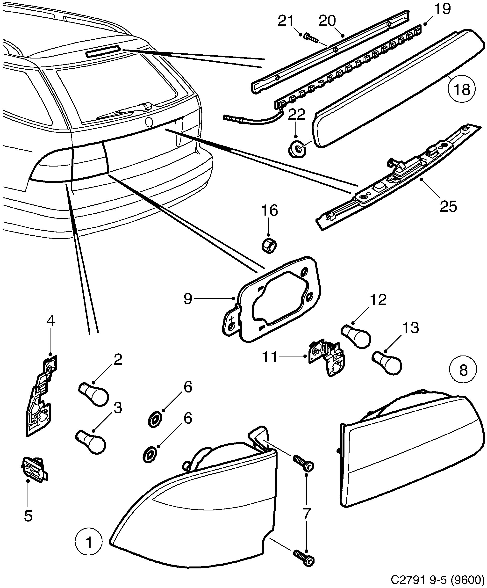 Saab 9-5 (9600) Tail light diagram
