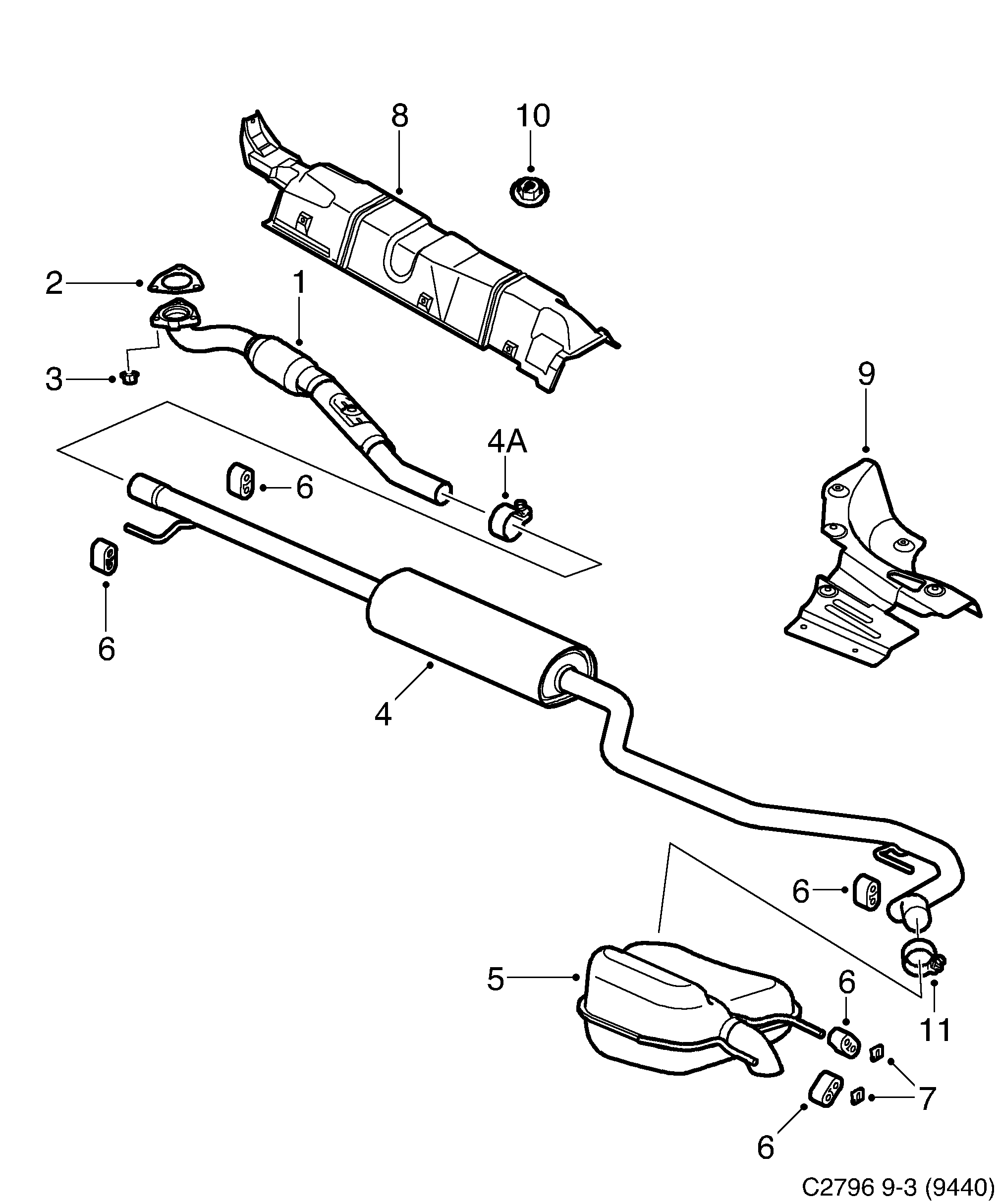 Saab 9-3 (9440) Exhaust system diagram