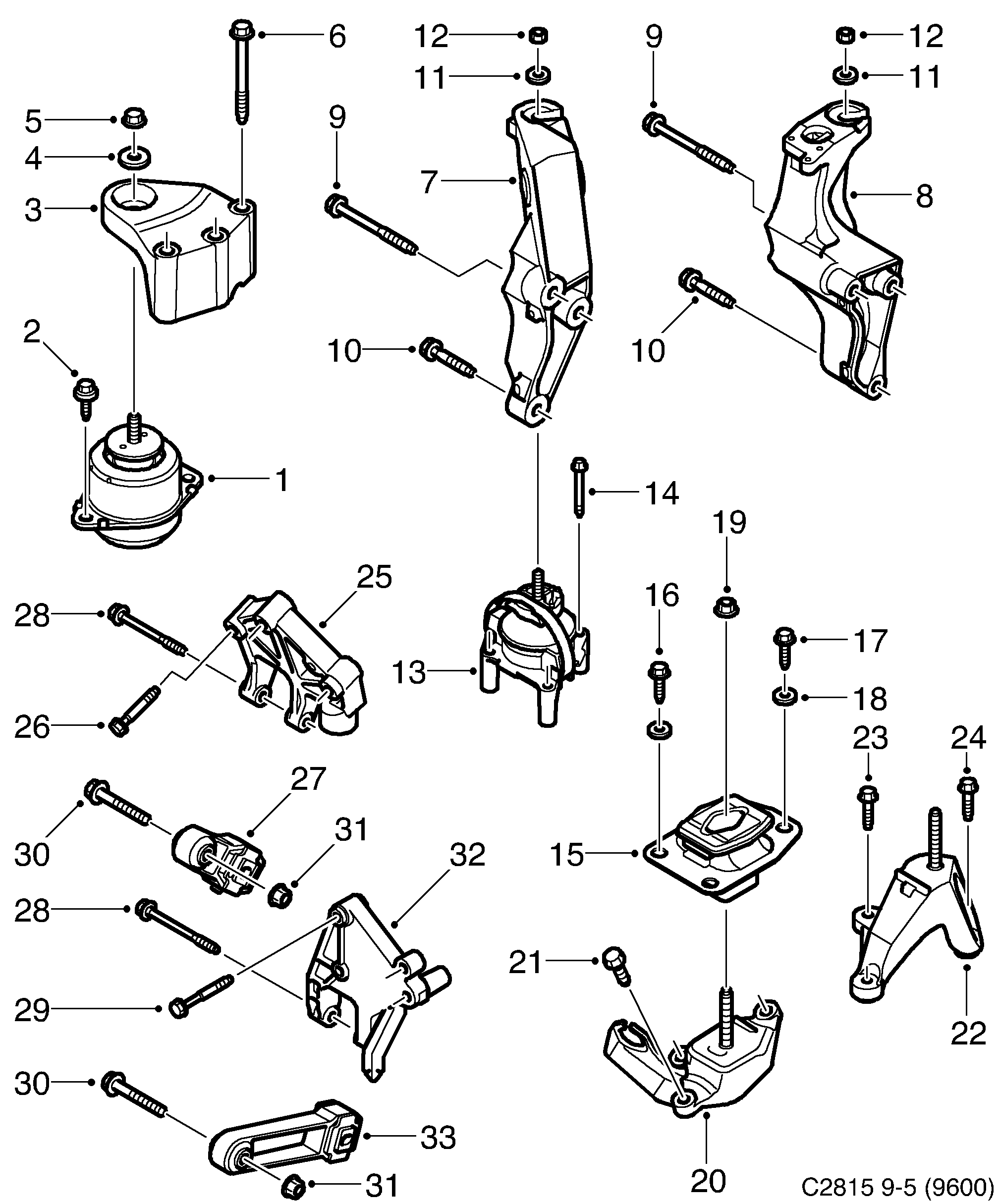 Saab 9-5 (9600) Engine suspension diagram
