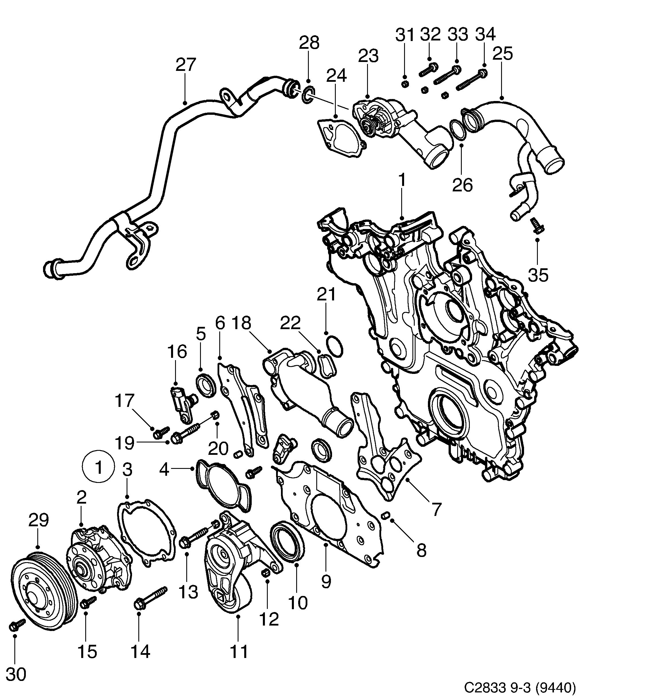 Saab 9-3 (9440) Coolant pump Thermostat diagram