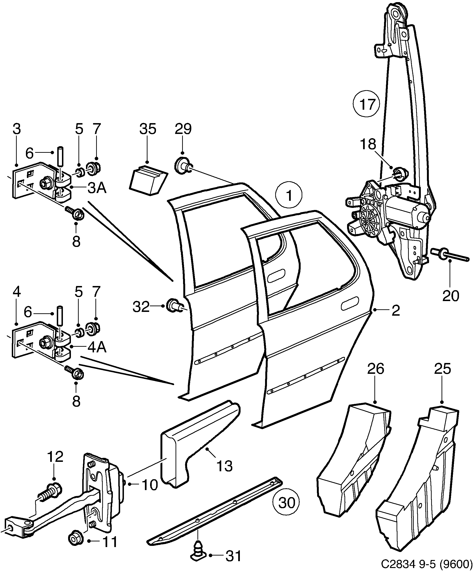 Saab 9-5 (9600) Rear door window regulators diagram