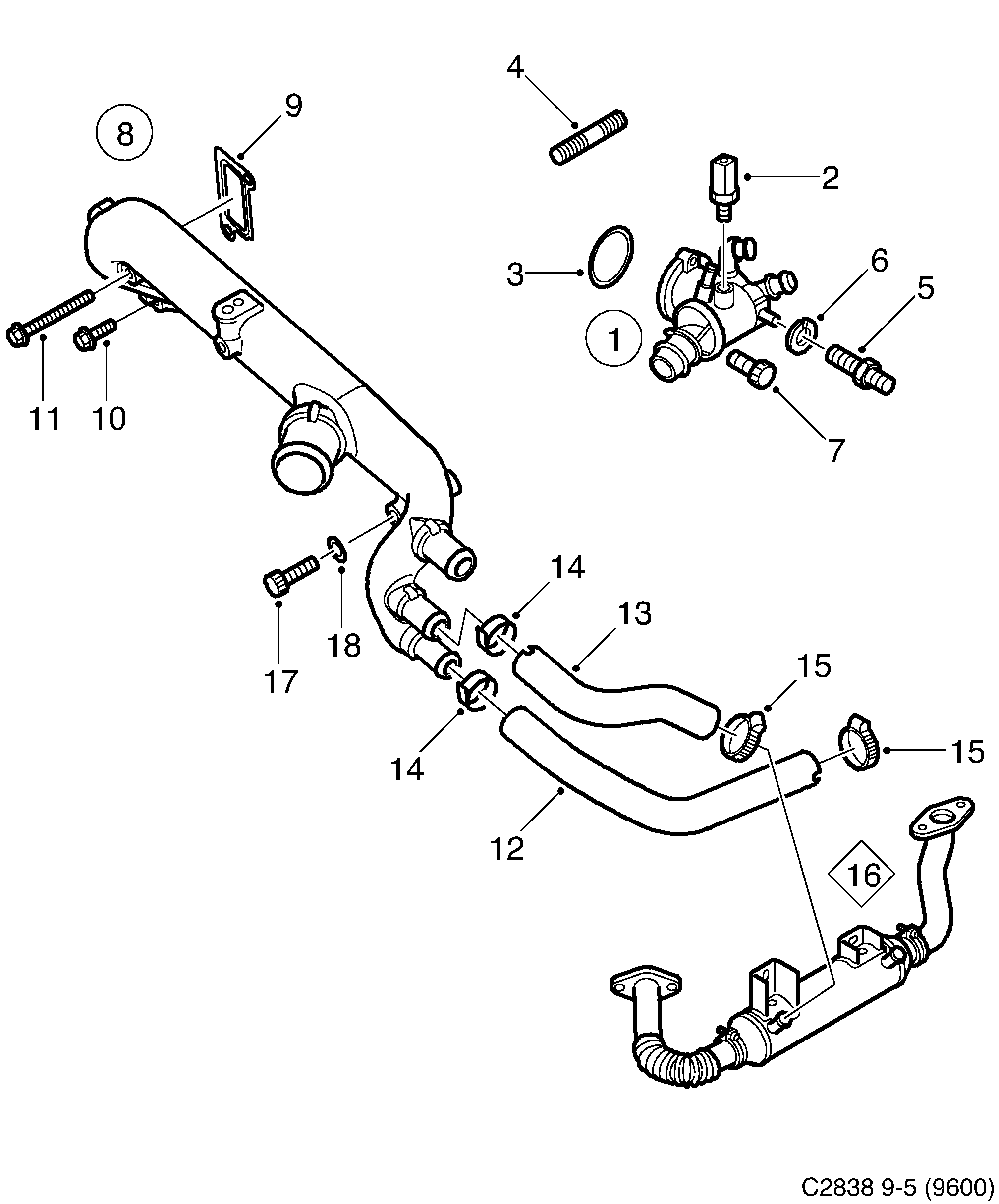 Saab 9-5 (9600) Thermostat, etc diagram
