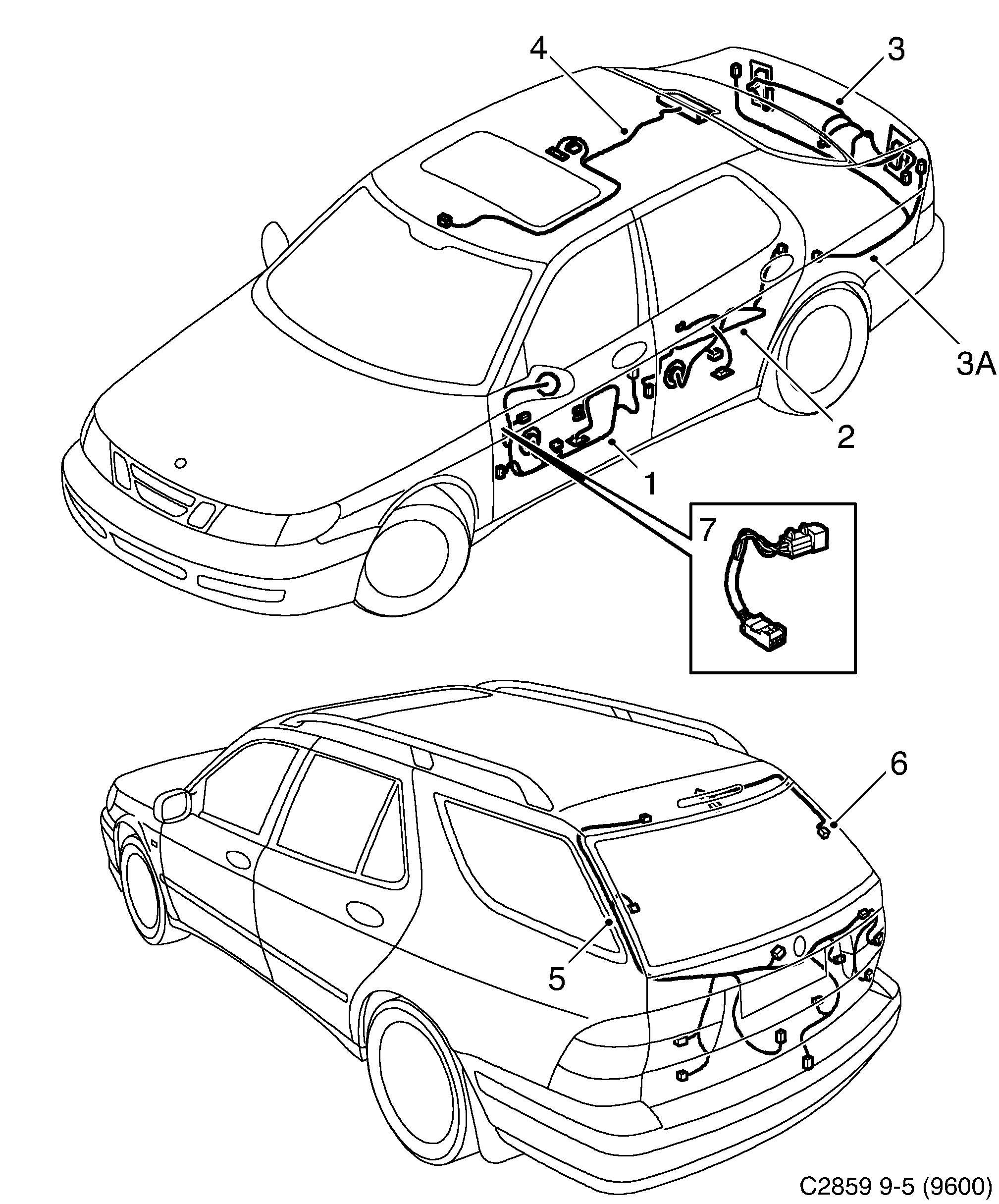 Saab 9-5 (9600) Doors, roof and rear hatch diagram