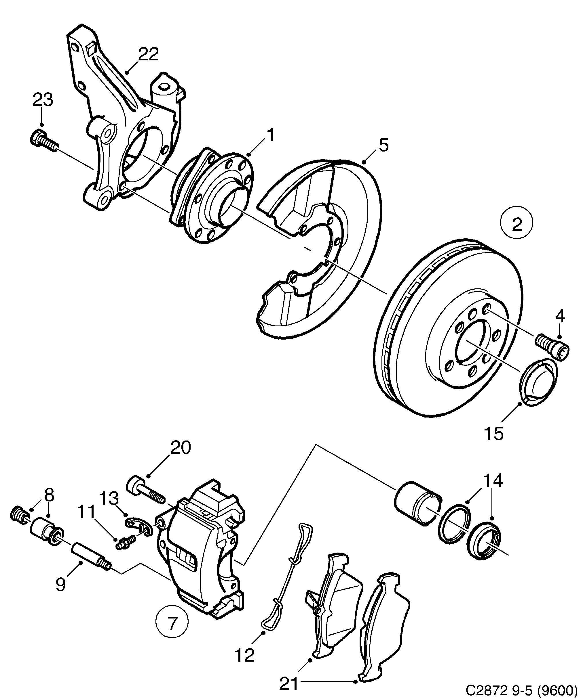 Saab 9-5 (9600) Front wheel brake diagram