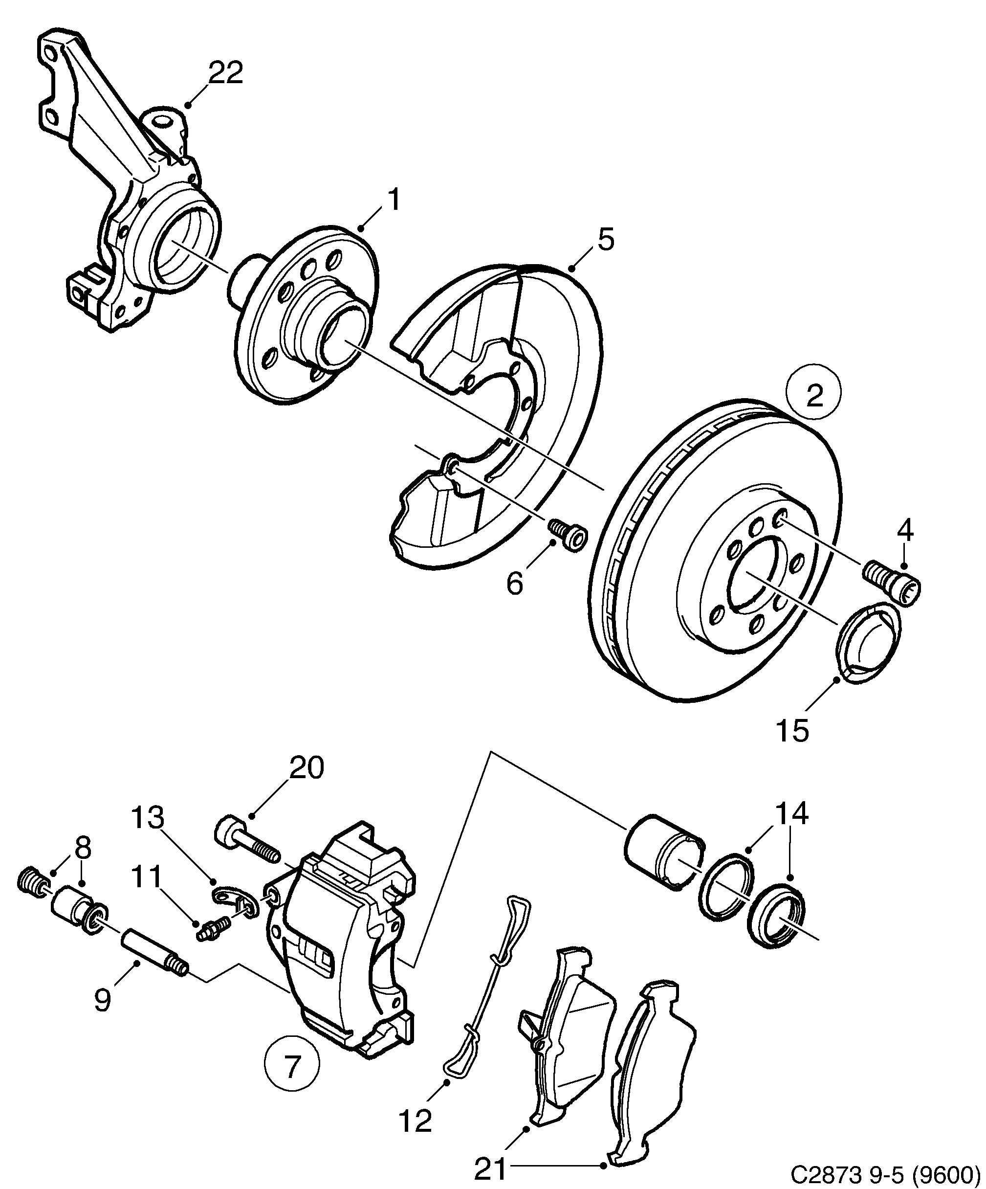 Saab 9-5 (9600) Front wheel brake diagram